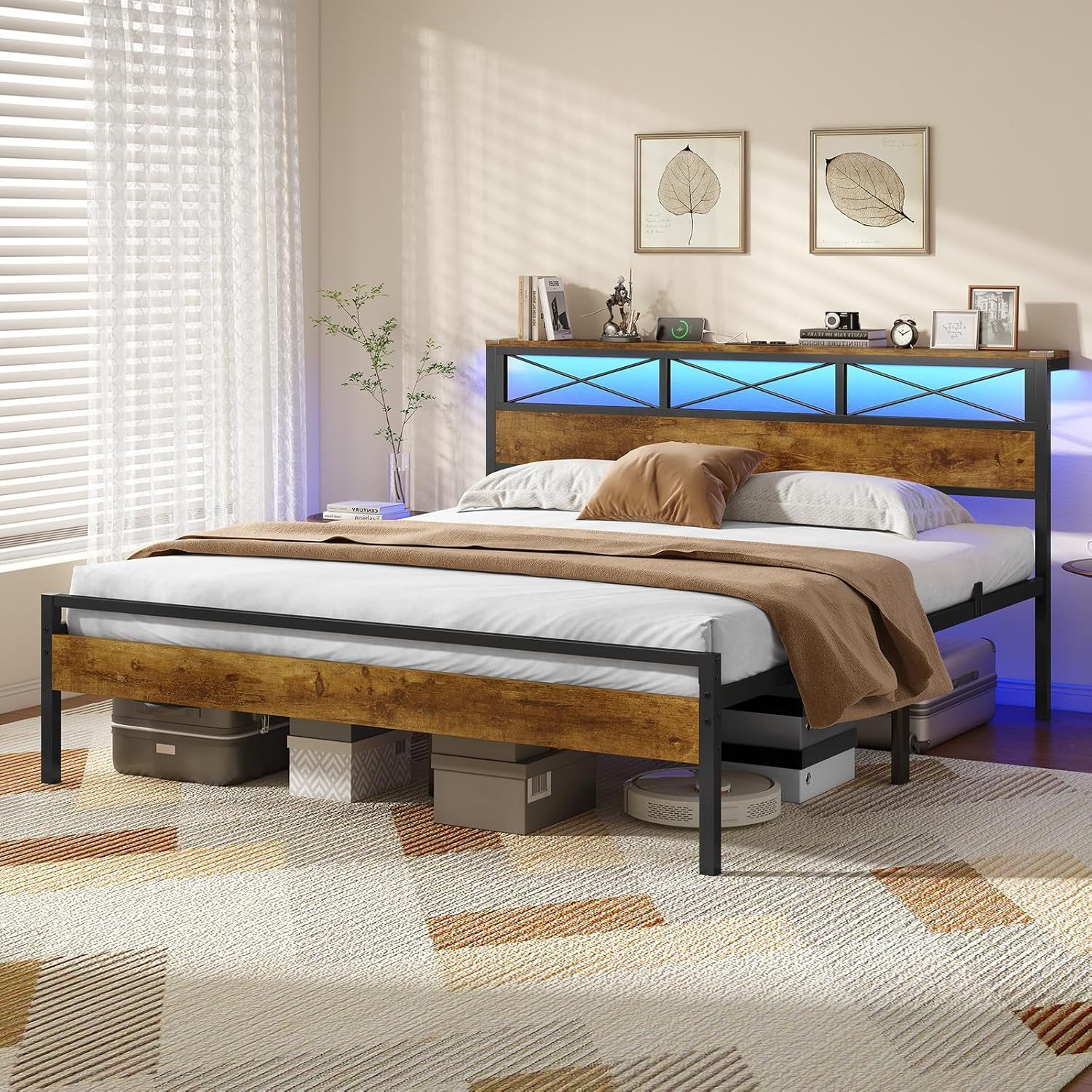 MSMASK Metallbett Bettgestell mit LED Beleuchtung und Steckdose USB-Anschlüsse (Ohne Matratze), Doppelbett 180 x 200 cm