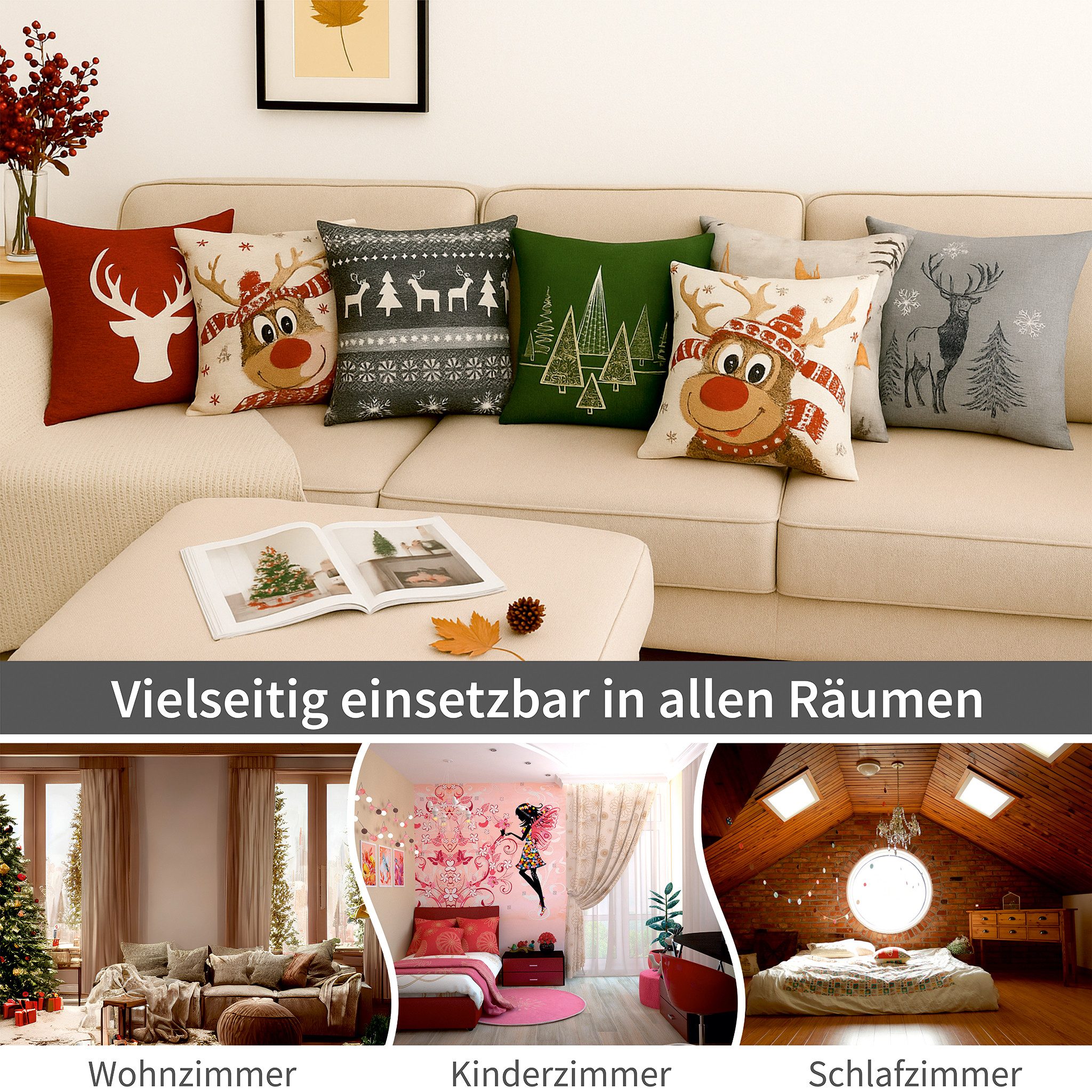 matches21 HOME & HOBBY Kissenbezüge 4er Set Kissenhüllen 40x40 cm Winterwald mit Fuchs, Hirsch als Deko, (4 Stück), Zierkissen-Bezüge für Sofa-Kissen, Couch-Kissen