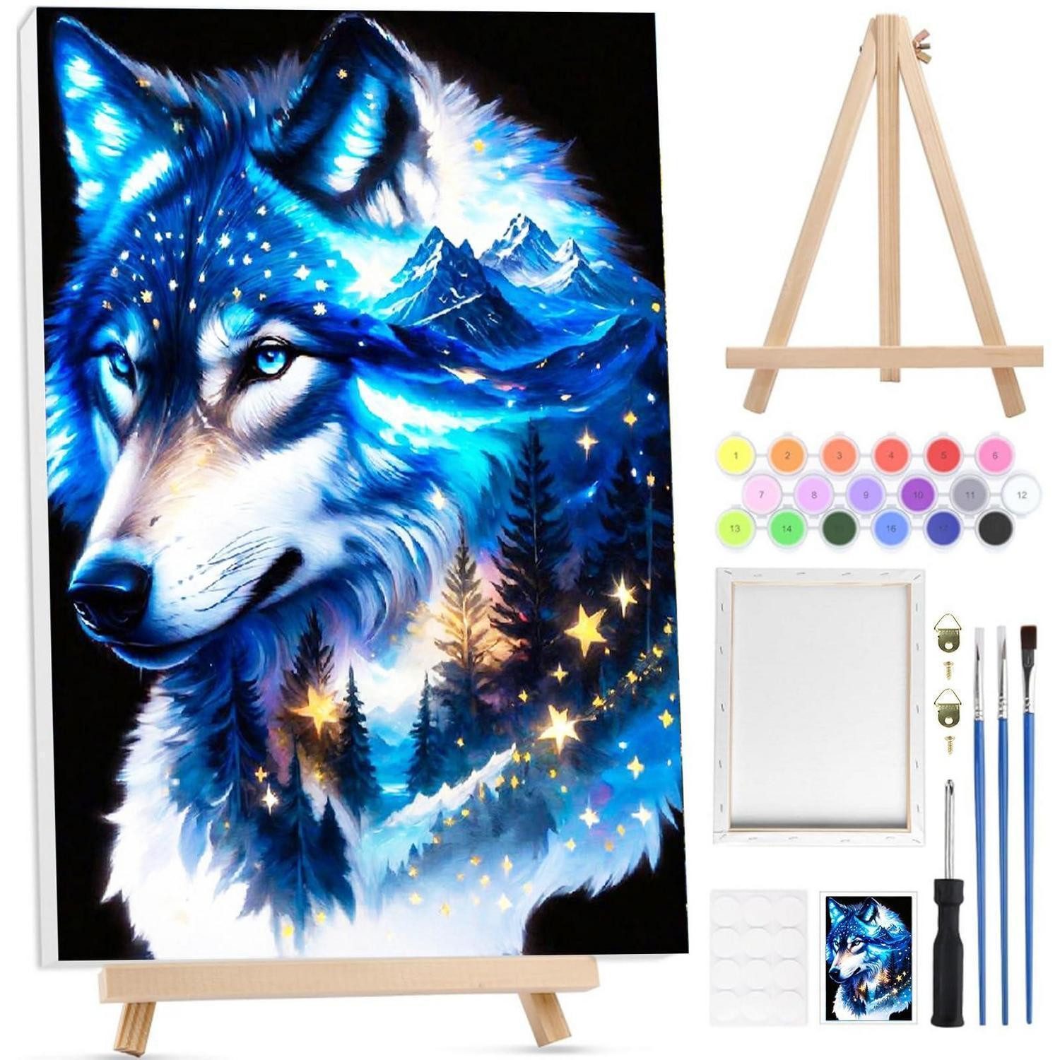 LuxusKollektion Malen nach Zahlen Malen nach Zahlen Wolf mit Staffelei 20x30cm