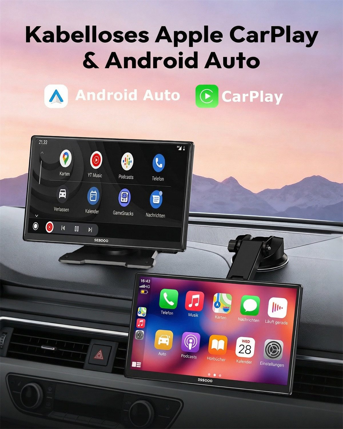 ESSGOO 9'' Tragbarer CarPlay Android Auto Wireless Display Autoradio Display Navigationsgerät (Kabellos Apple Carplay /Android Auto Auflösung: 1024*600)