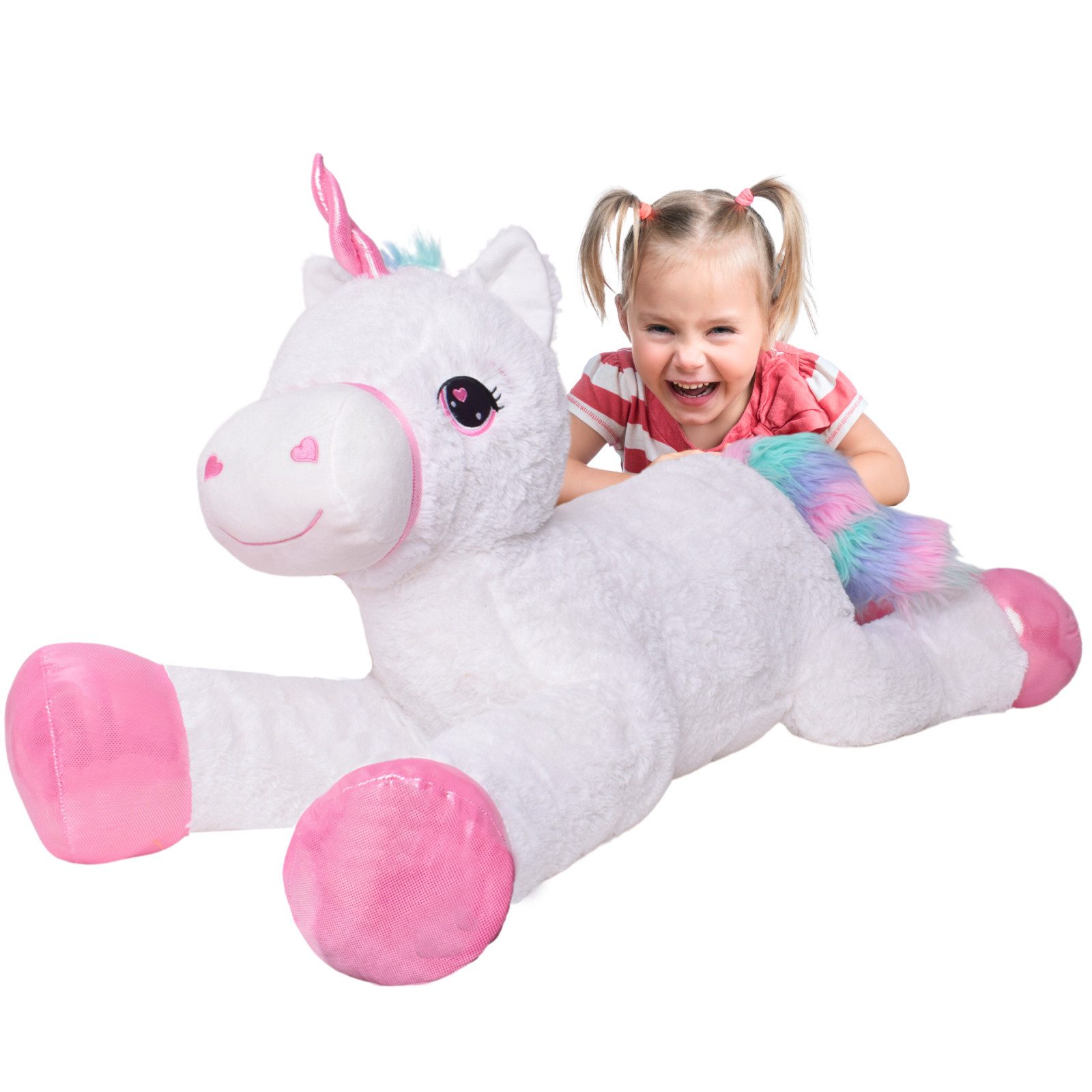 TE-Trend Kuscheltier Einhorn 120cm XXL Regenbogen Plüschtier Stofftier Pferd (gestickte Augen), mit Regenbogen Mähne und Schweif