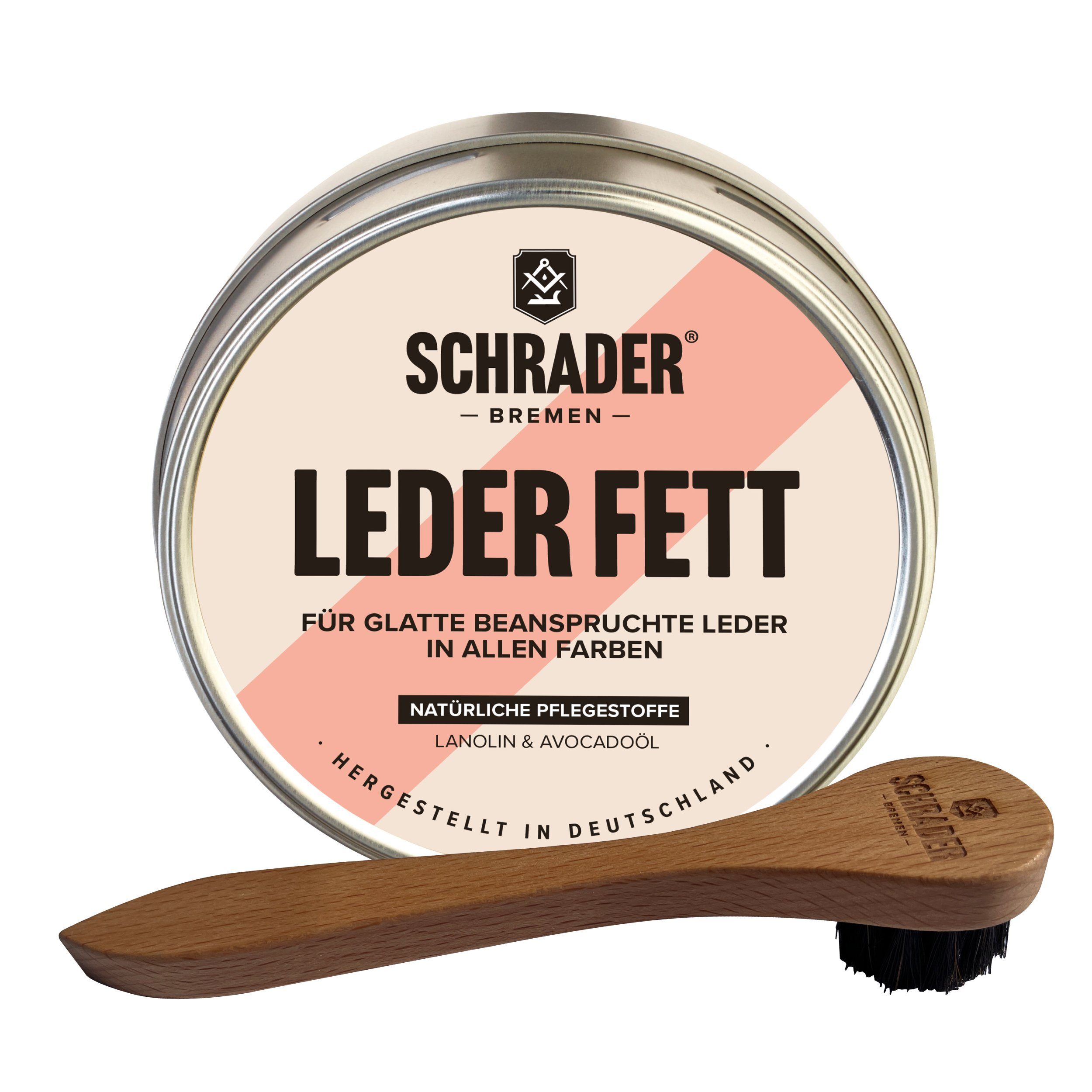 Schrader Leder Fett + - von Tiegelbürste aus - Pflegen/Restaurieren Pflegemittel Bürste Germany) Set Lederreiniger lackiertem Made (zum und Glattleder in 2teiliges