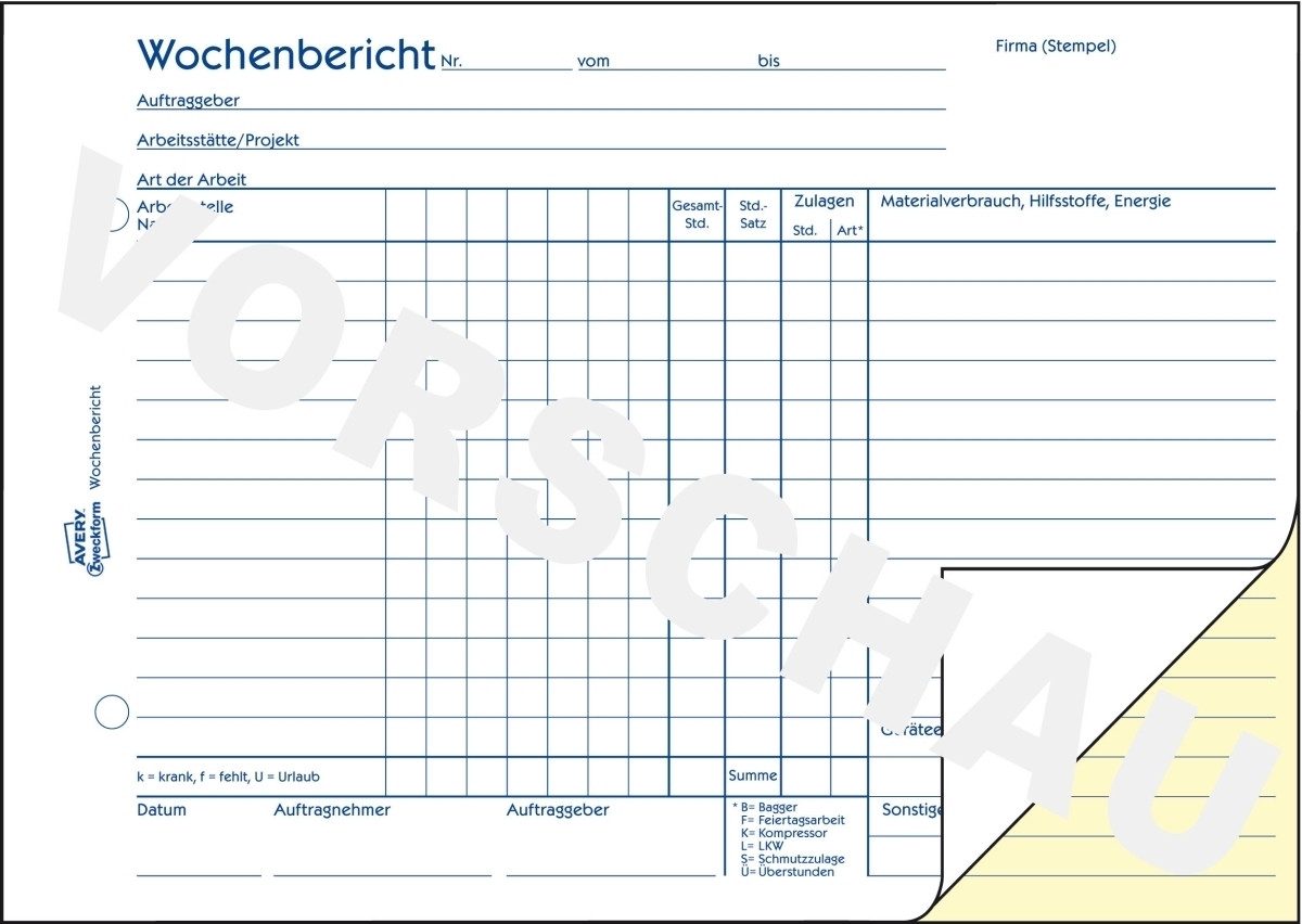 Formularblock Formularbuch Wochenbericht A5 VE=2x50 Blatt