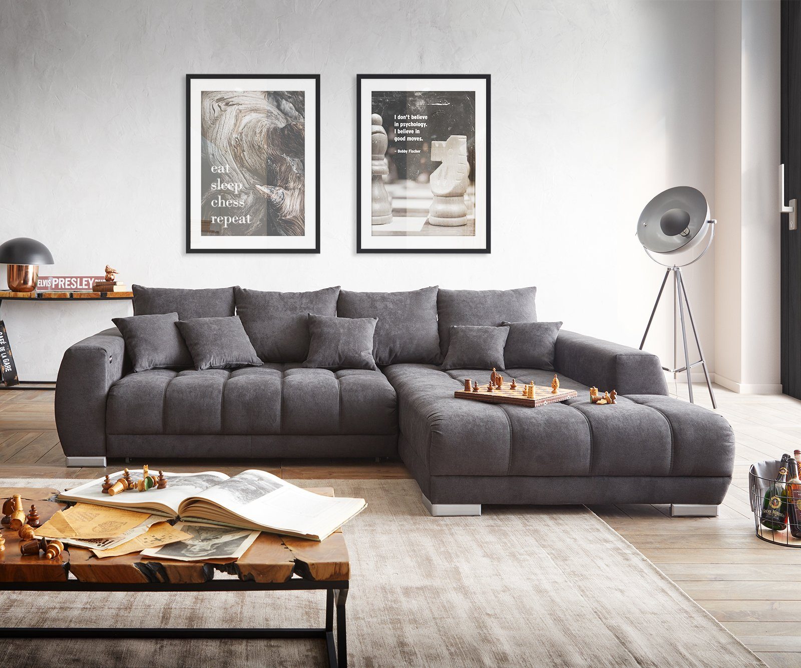 DELIFE Ecksofa Nabor, Mikrofaser Schwarz 300x230 cm Recamiere re. + elektr. Vorziehfunktion