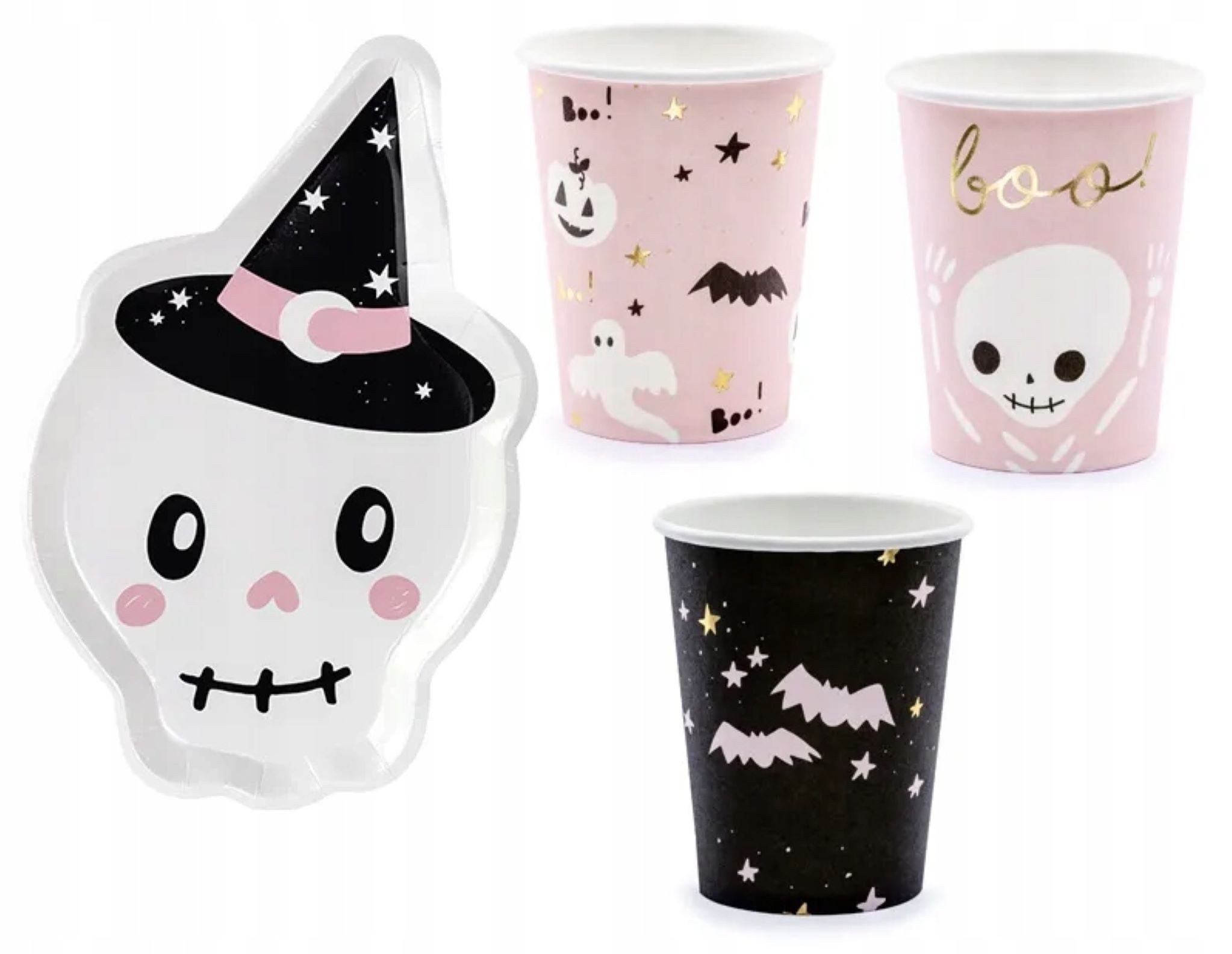 Festivalartikel Pappteller Halloween Set: 6 Teller & 6 Becher im Totenkopf-Design