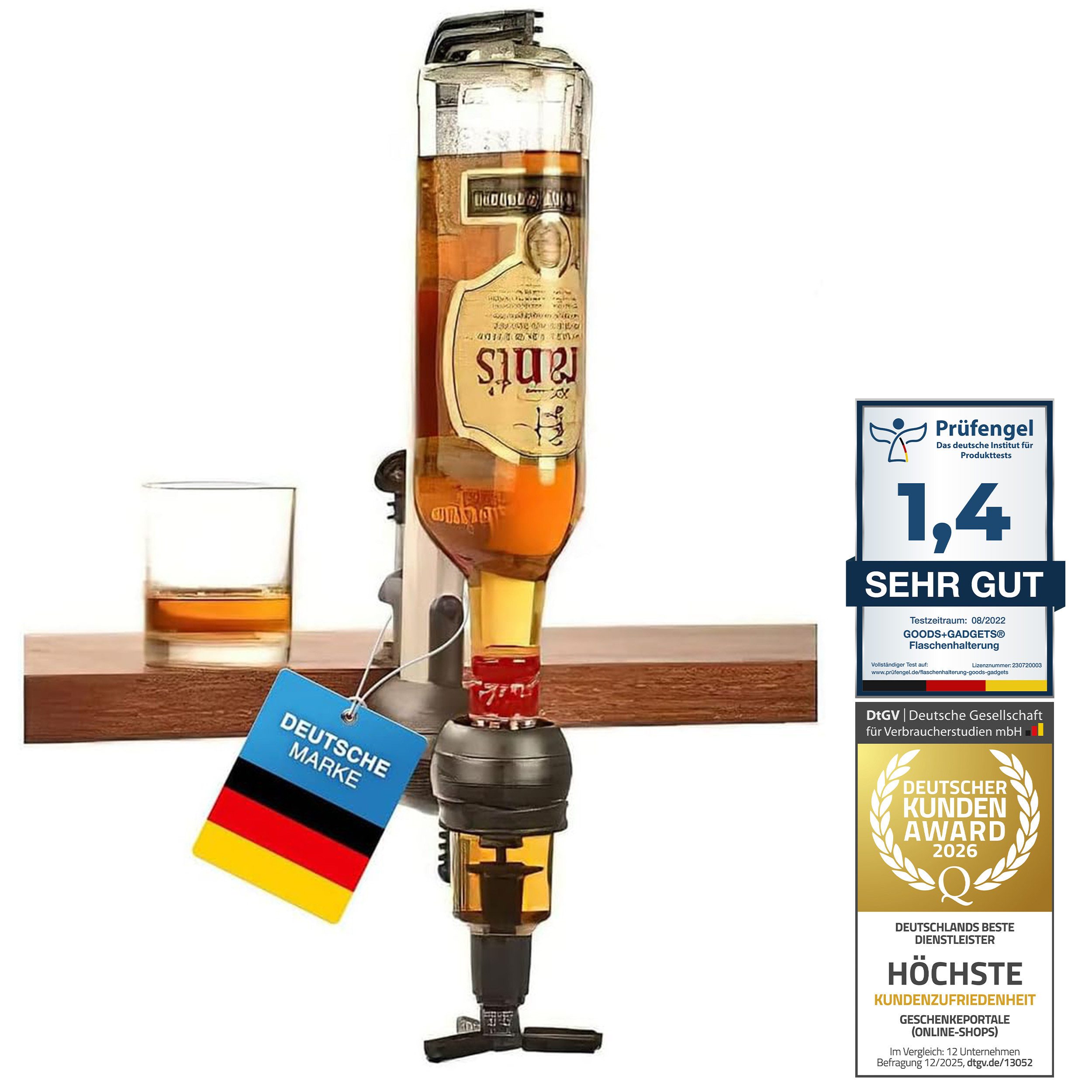 Goods+Gadgets Flaschenhalter Barbutler Flaschenhalter mit 2cl Dosierer–Edles Spirituosen-Accessoire, Flaschenhalterung für Getränke