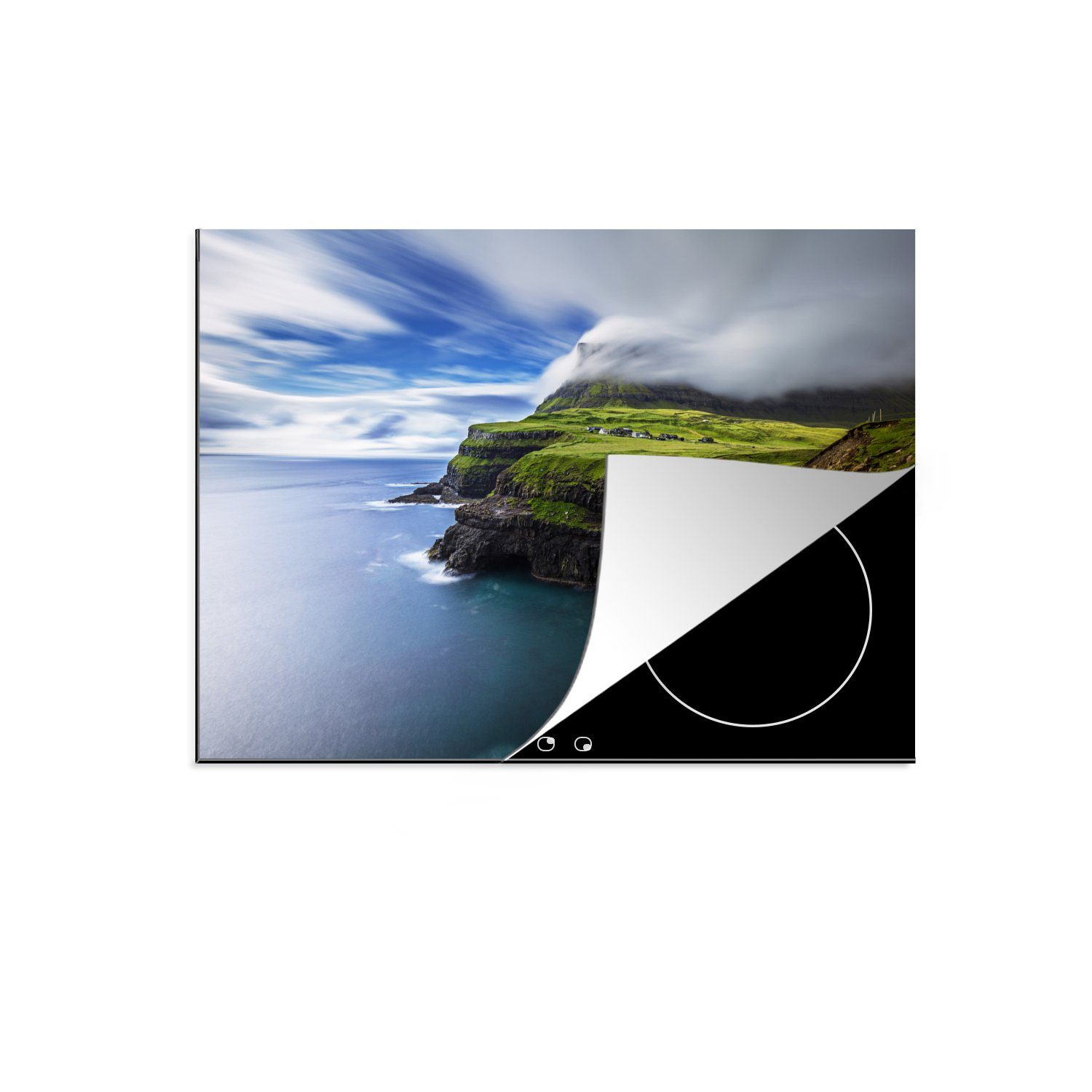 Mobile cm, MuchoWow (1 Vinyl, Küste der tlg), Arbeitsfläche Herdblende-/Abdeckplatte nutzbar, Nebel der Ceranfeldabdeckung über Inseln, Färöer 70x52