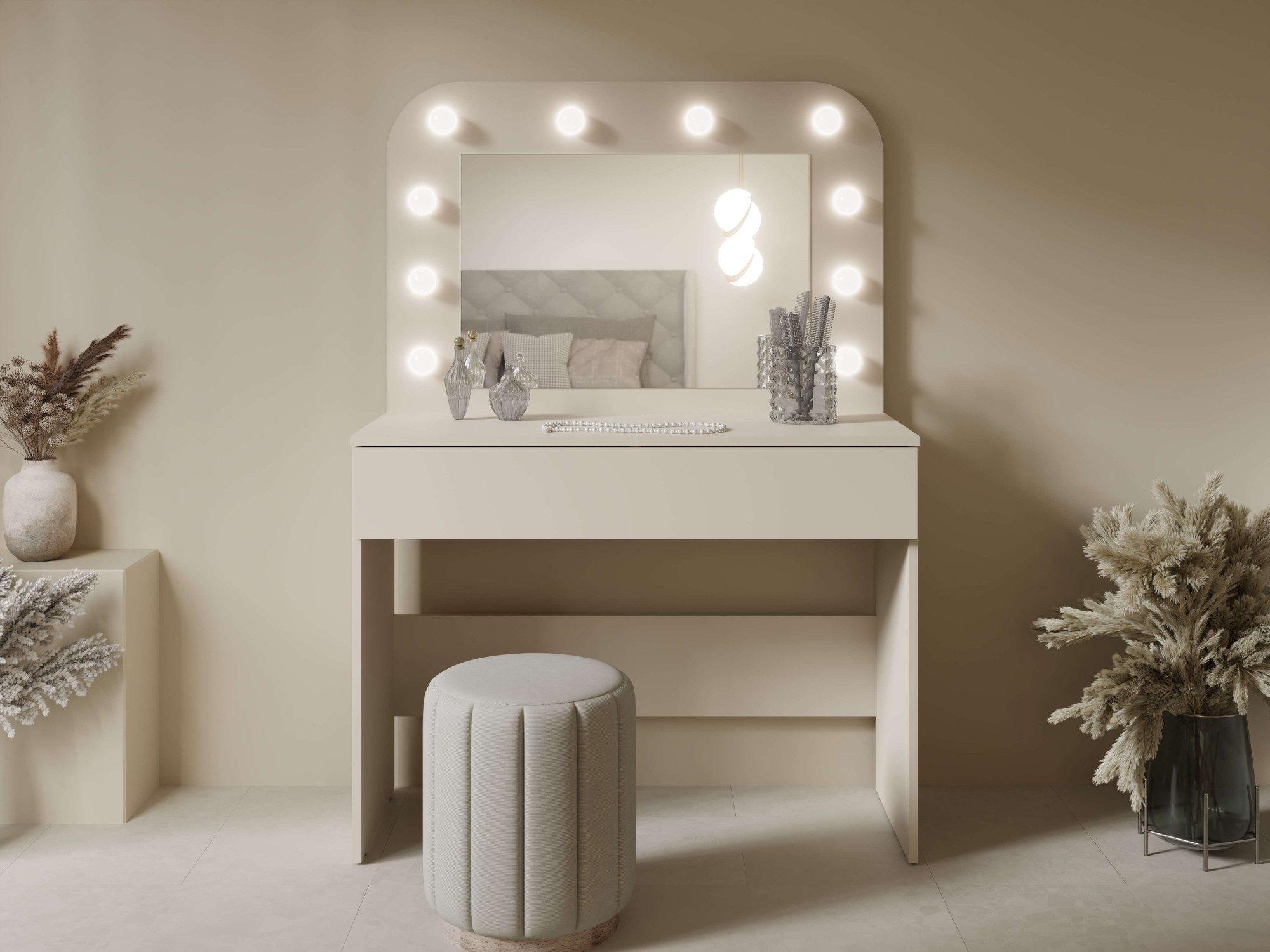 OTTO home Schminktisch NANCY,BE A STAR! Hollywood Spiegel+Beleuchtung, Schublade Soft Close (B/T/H: 100/42,5/142cm, Farbei Kaschmir Beige), Kosmetiktisch mit viel Stauraum, LED, Soft-Close
