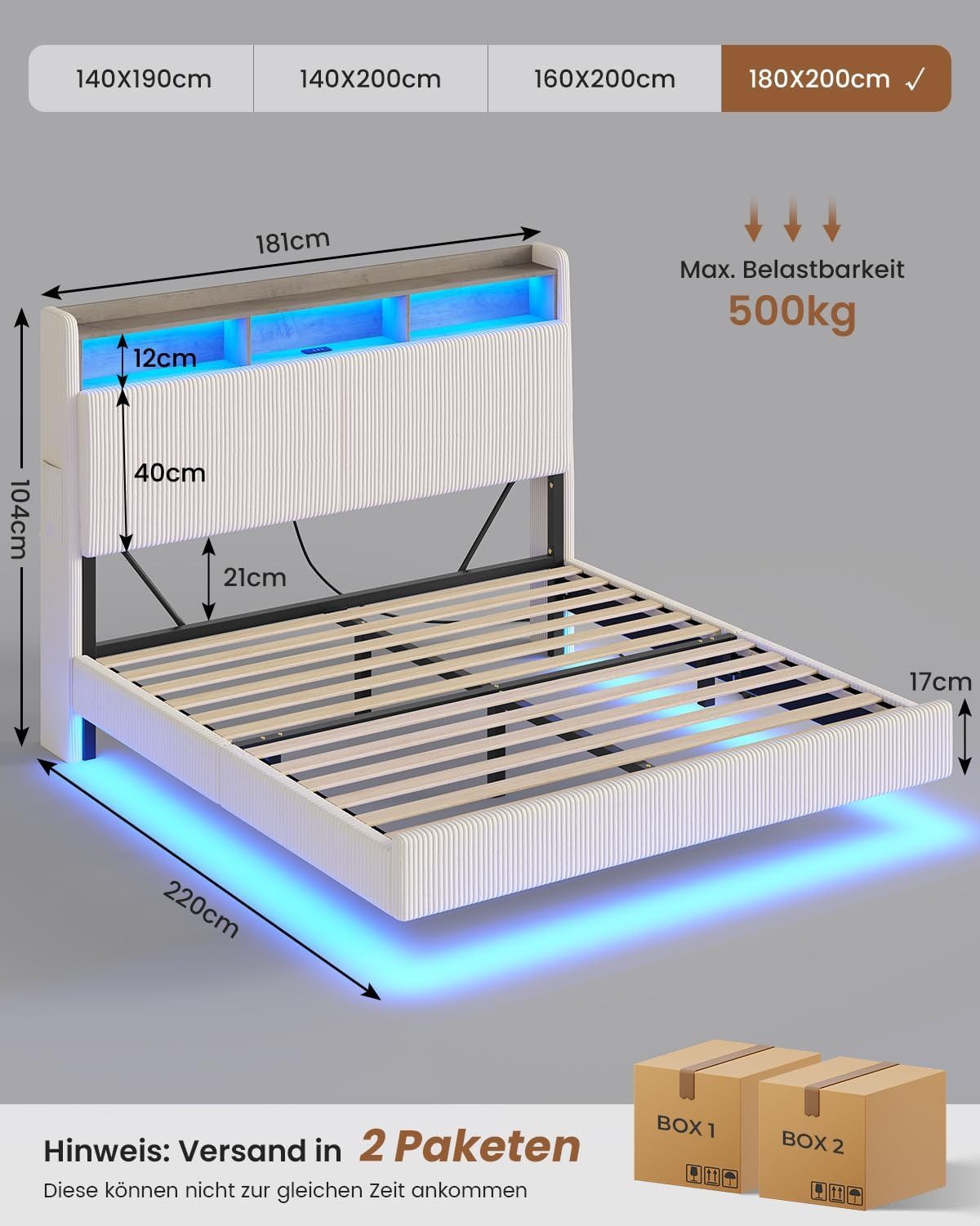 MSMASK Polsterbett Schwebebett mit 270°-LED-Beleuchtung, USB & Type-C Ladestation (Ohne Matratze), Doppelbett mit Stauraum-Kopfteil 180x200 cm – Bild 2 von 5