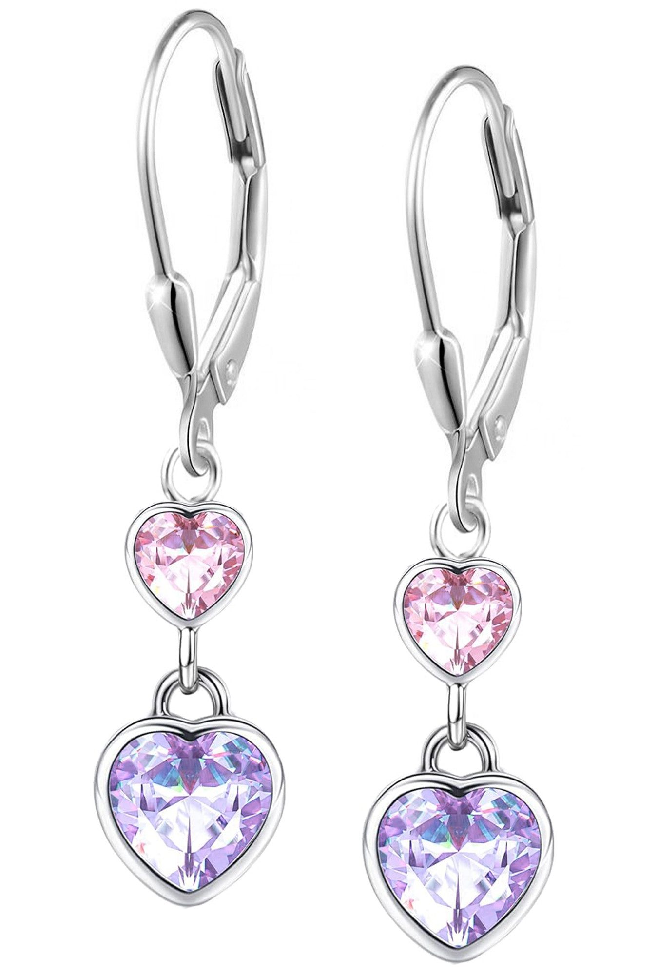 Limana Paar Ohrhänger 925 Silber Herz hängende Brisur Ohrringe für Kinder Mädchen rosa lila (Geschenk Weihnachten Geburtstag Nikolaus Ostern Weihnachtsgeschenk), Kinderohrringe Mädchenohrringe Kinderschmuck Schmuck