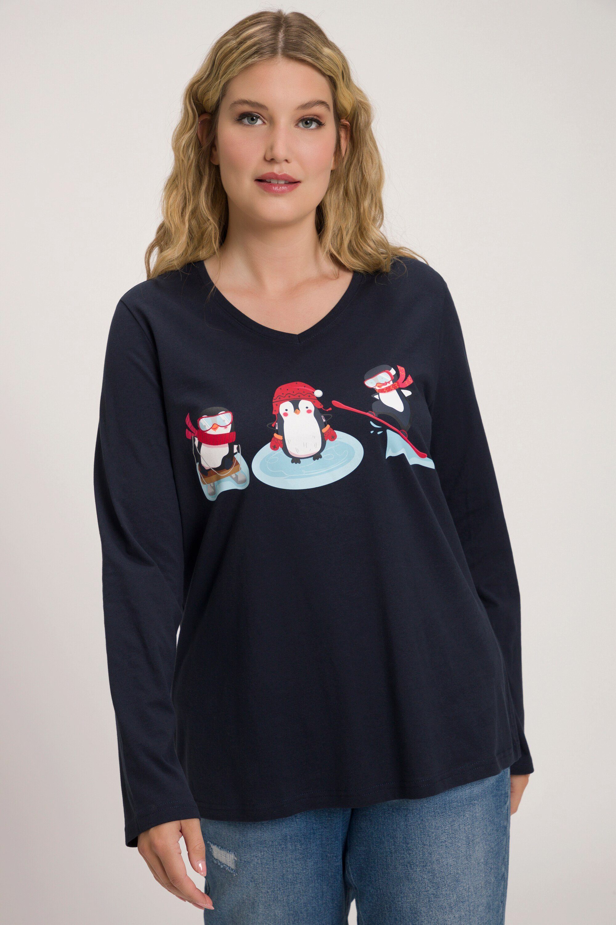 Ulla Popken Rundhalsshirt Shirt Pinguine Classic V-Ausschnitt Langarm marine