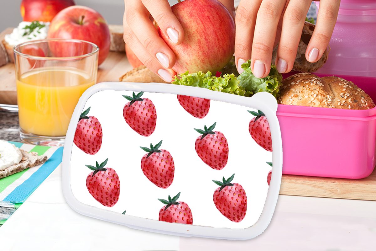 MuchoWow Lunchbox Erdbeere - Muster - Kunststoff Aquarell, rosa Kinder, Brotbox (2-tlg), für Mädchen, Snackbox, Brotdose Erwachsene, Kunststoff