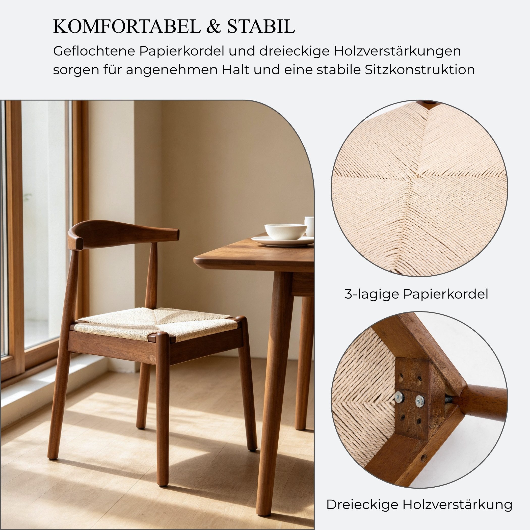 SeedWave Esszimmerstuhl Holz-Esszimmerstühle 2er Set mit Papierkordel-Sitzfläche (2er Set), Armlehnenlose Stühle mit gebogener Rückenlehne – Bild 3 von 5
