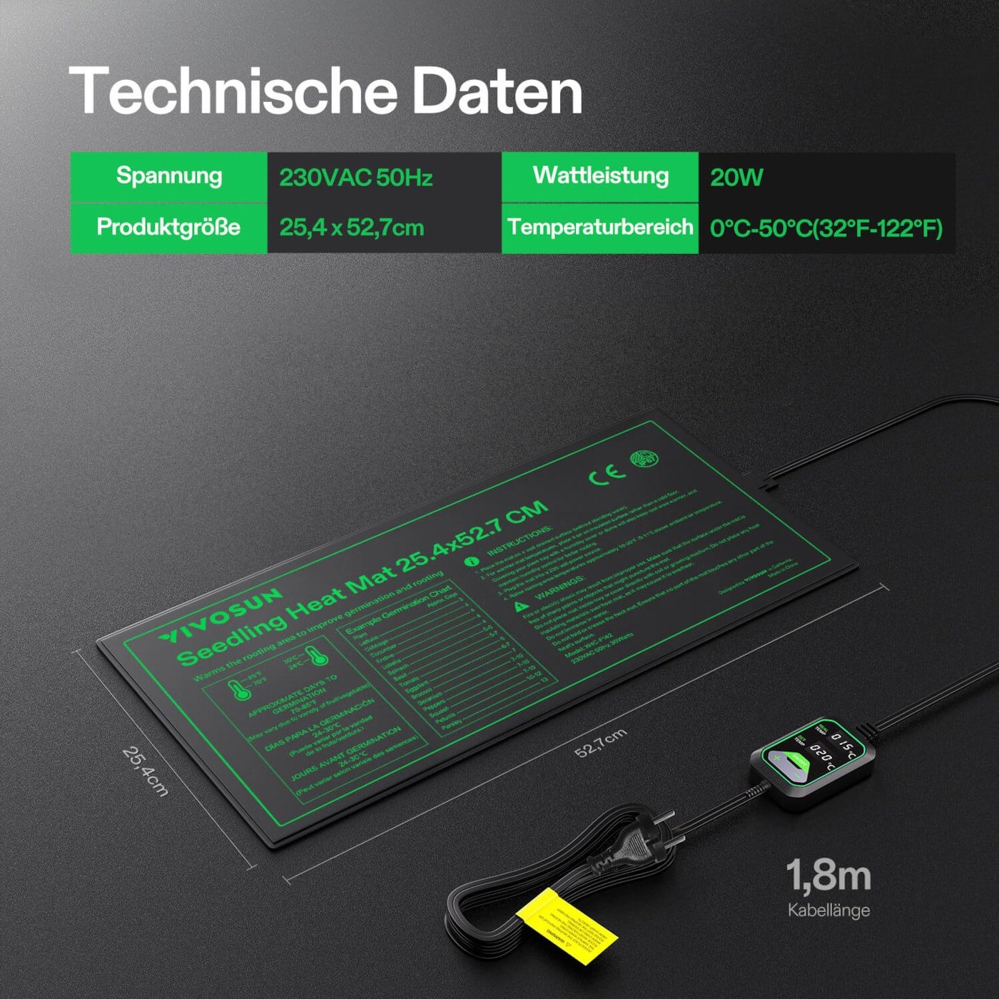 VIVOSUN Heizmatten VIVOSUN Heizmatte 25 × 53 cm mit digitalem Thermostat, Heizmatte mit digitalem Thermostat, Schnelles Aufheizen auf ca. 40 °C