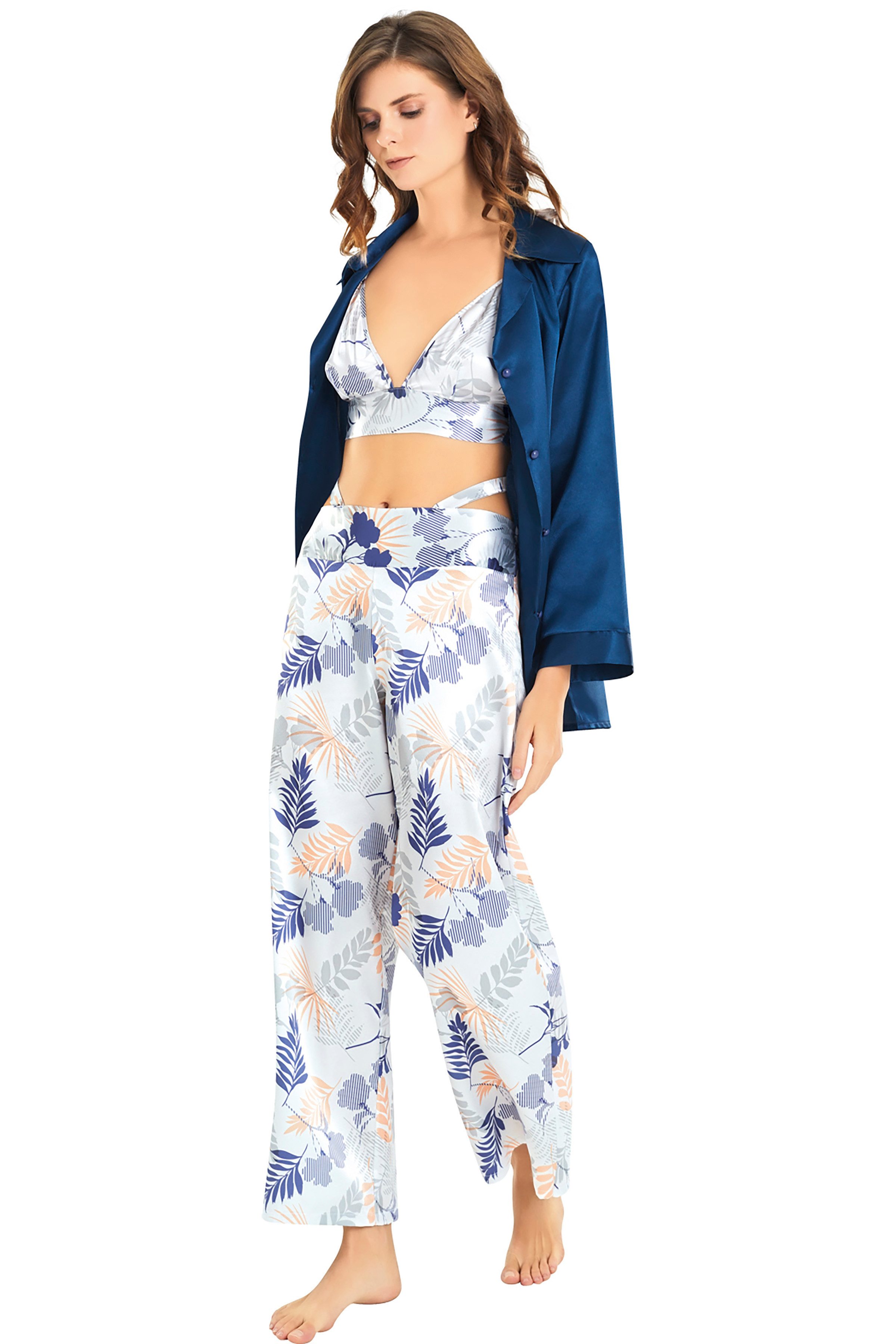 Pyjamahose Damen Satin Pyjama Set 3-teilig – Hose, Top & Bluse in Blau