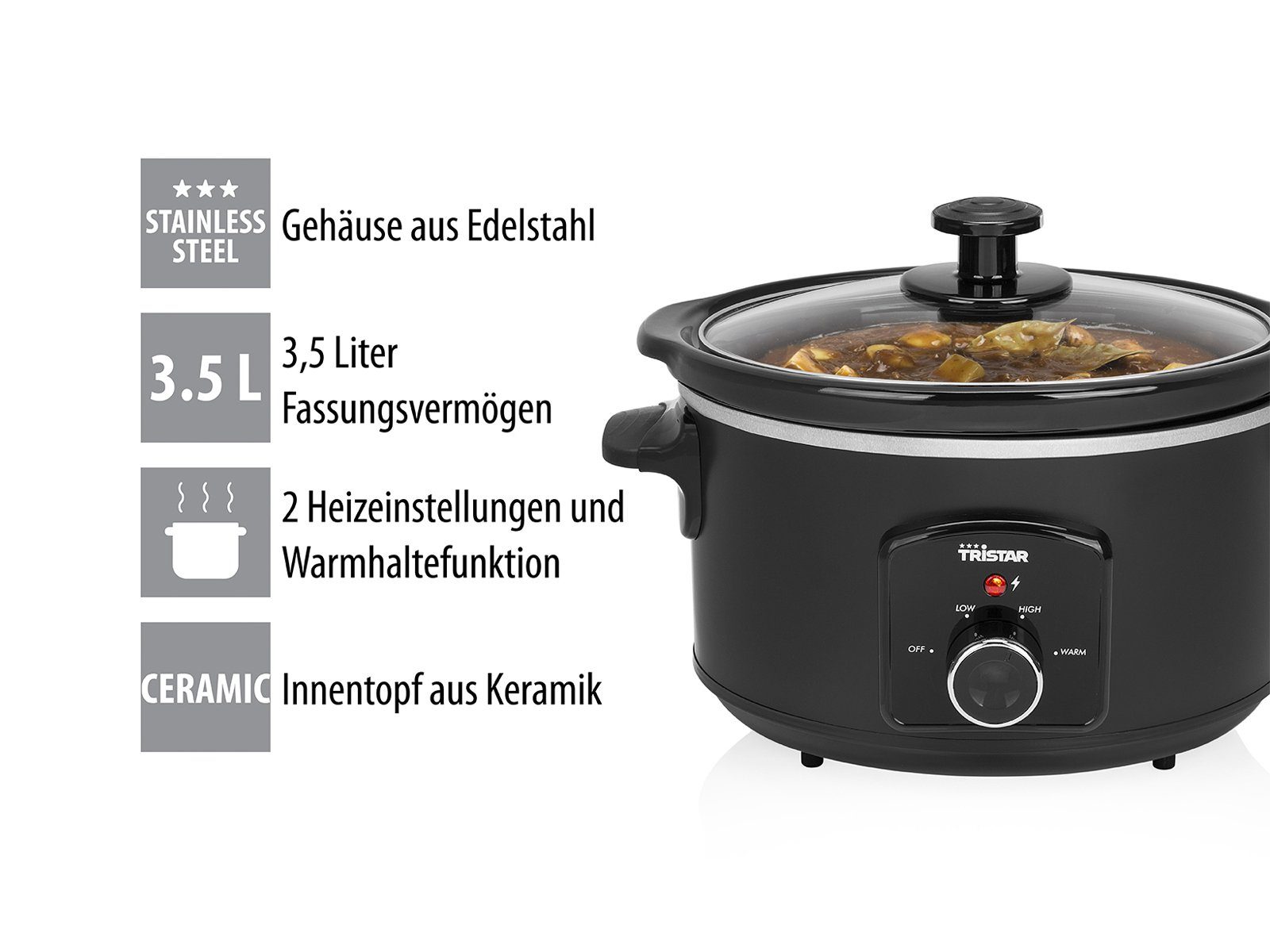 3,5 Vide für Portionen Cooker Tristar Schongarer, 180 W, Küchenmaschine, Keramik bis Sou-s vier Keramik-Innentopf Liter garen mit zu Fassungsvermögen Slow Multi-Kocher