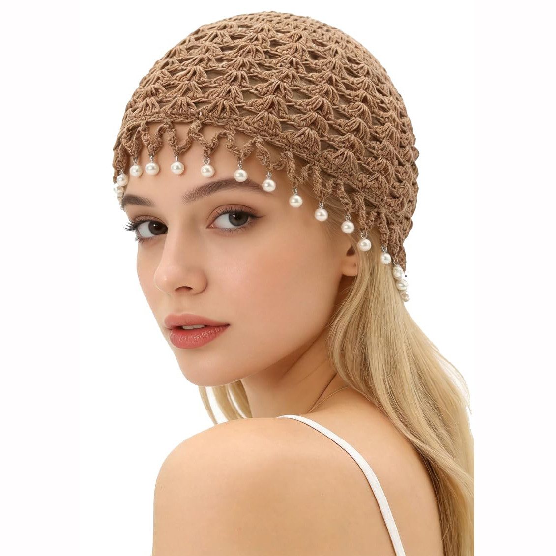 Zaewry Beanie Damen-Bohème-Sommer-Strickmütze mit Quasten und Perlen, lockere Häkelmütze für Sommerreisen und den täglichen Gebrauch