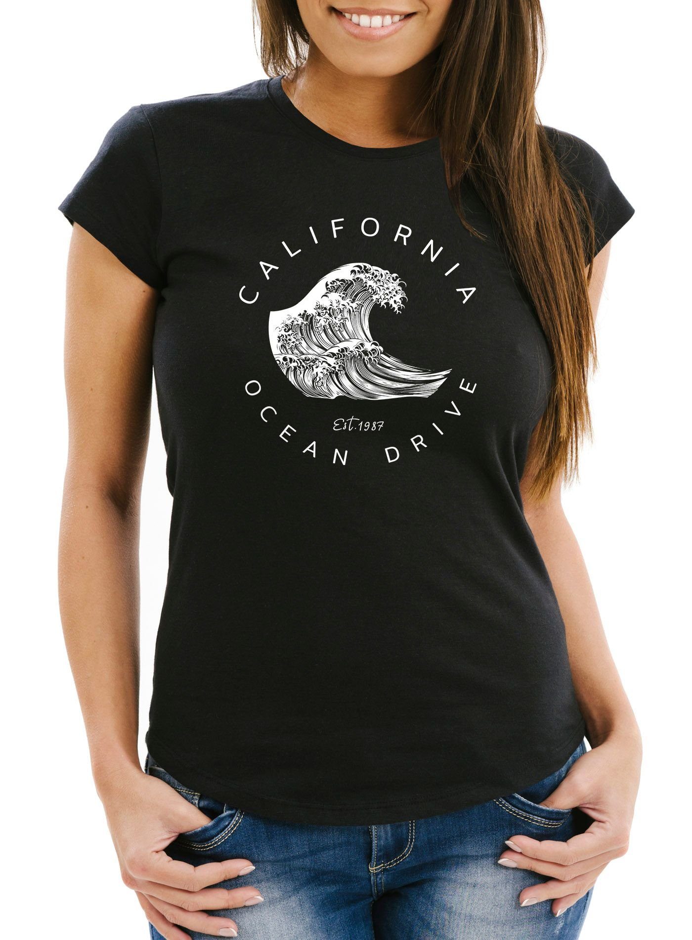 Neverless Print-Shirt Damen T-Shirt Welle Wave California Ocean Drive Surf Summer Slim Fit Neverless® mit Print