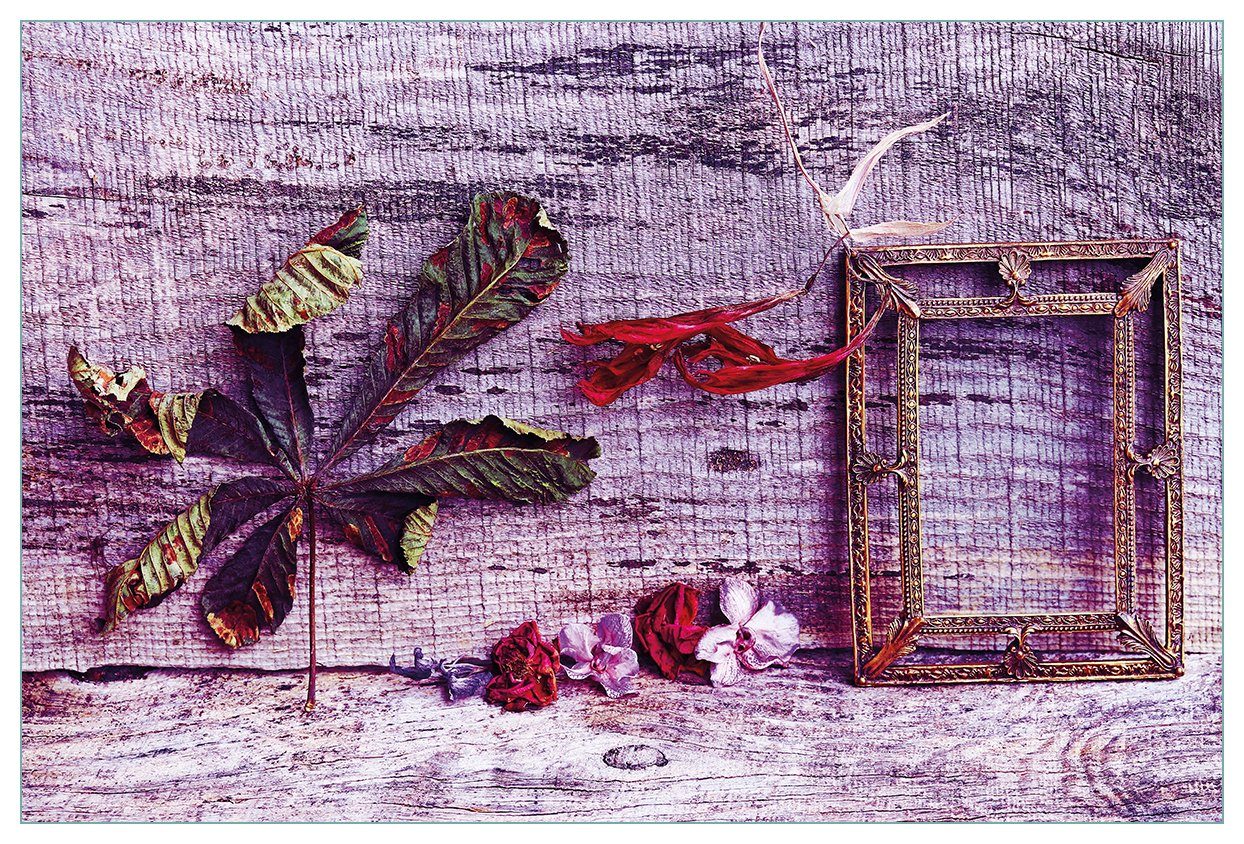 Wallario Küchenrückwand Getrocknete Blätter - Herbst Stillleben in lila, (1-tlg)