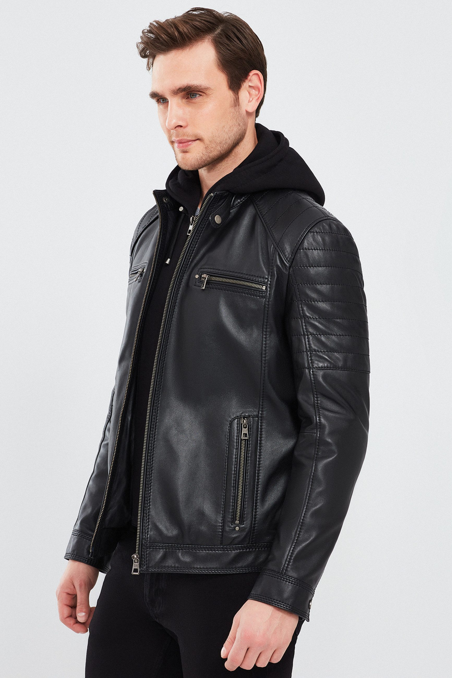 Derimod Lederjacke Sergio Kapuzen-Sport-Lederjacke Regular Fit, Reißverschluss, Mit Kapuze, Kurz, Textilfutter