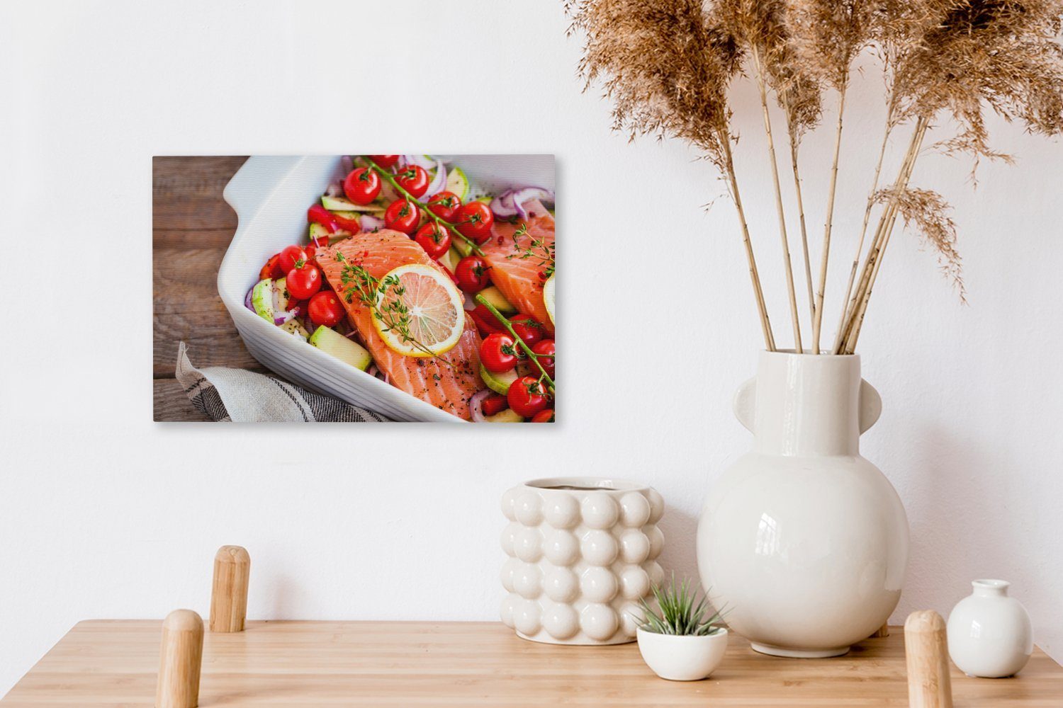 30x20 Leinwandbild OneMillionCanvasses® Leinwandbilder, Kirschtomaten, Roher serviert (1 Wandbild St), und cm Lachs, Wanddeko, einer Aufhängefertig, Zitrone mit Scheibe