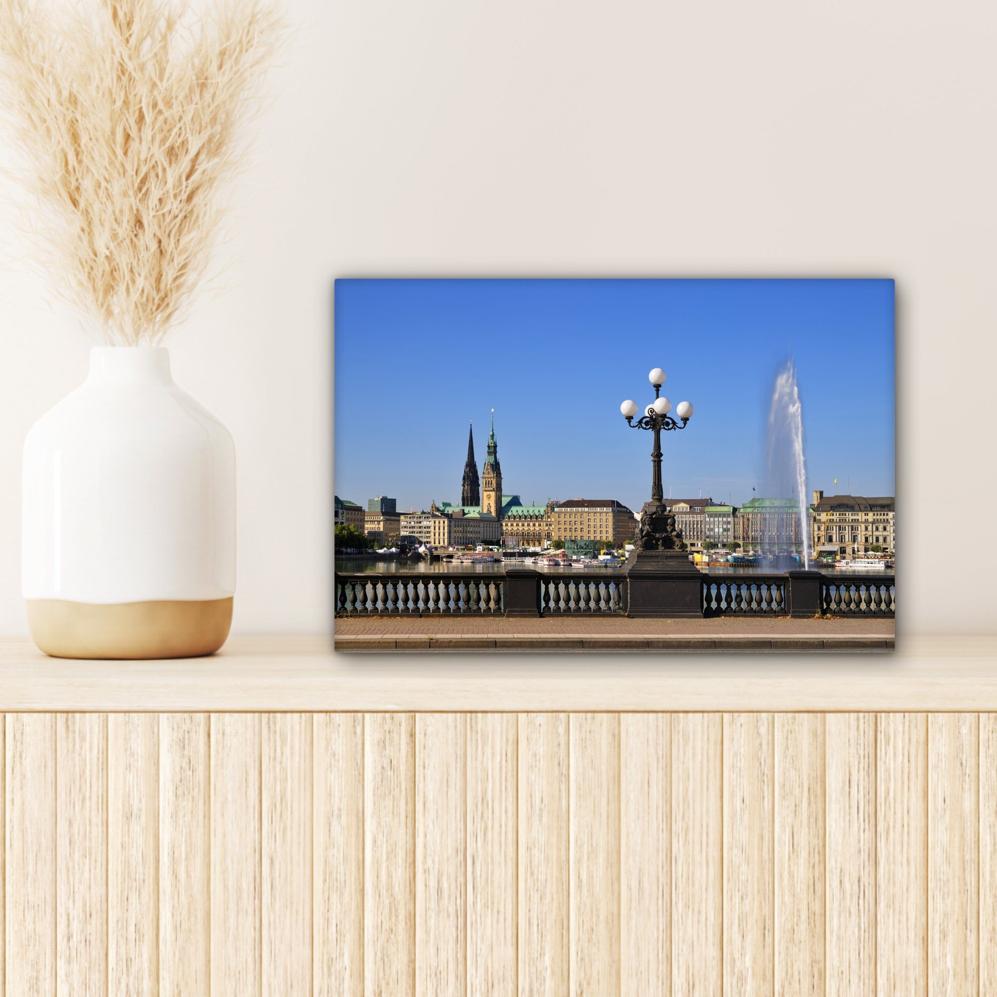 OneMillionCanvasses® Leinwandbild 30x20 Hamburg Springbrunnen, - St), Rathaus (1 Wandbild Leinwandbilder, Wanddeko, Aufhängefertig, - cm