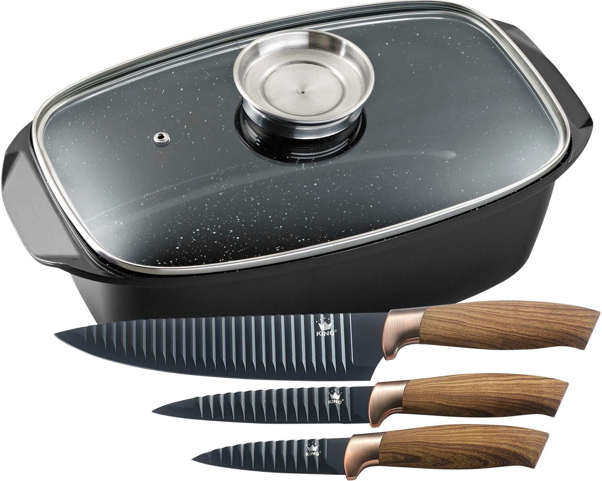 KING Bräter 5 Liter, Aluminiumguss (Set, 5-tlg., 3 Küchenmesser im Geschenketui), Aromaknopf, Induktion, mit Glasdeckel, Antihaft-Keramikbeschichtung