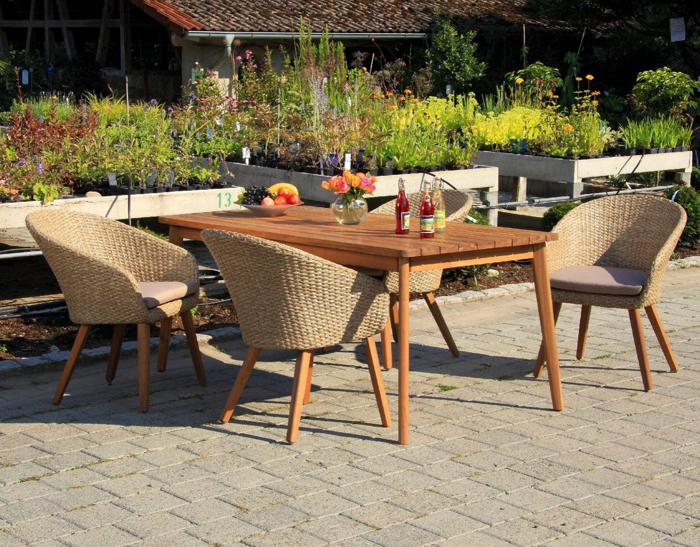 acamp Garten-Essgruppe 5-teiliges Gartensessel Set Atacama inkl. Holztisch, (Gartenmöbel Set), Korbstuhl, Rattan, Sitzgruppe, Lounge-Set mit Gartentisch 180x90x76 cm