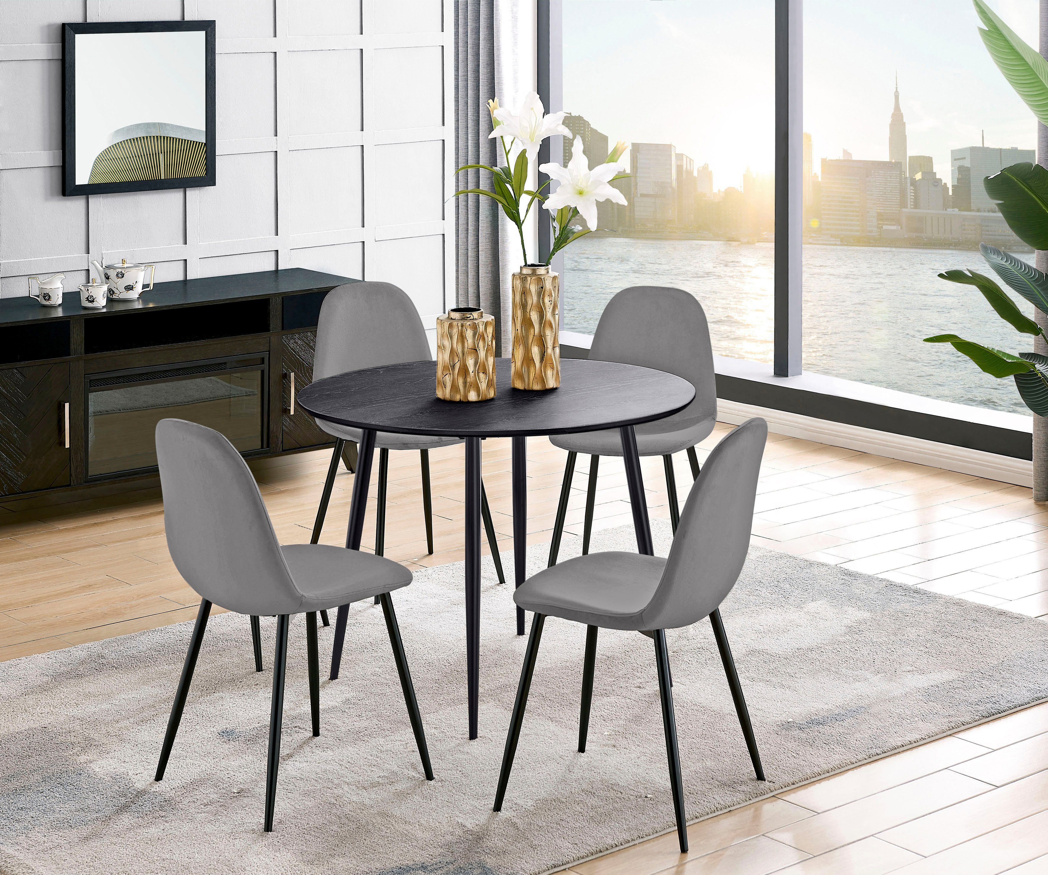 Leonique Essgruppe Eadwine, TOPSELLER! Sitzgruppe Esstisch plus 4 Esszimmerstühle, (Set, 5-tlg., Esstisch plus 4 Esszimmerstühle), Esstisch plus 4 Stühle in verschiedenen Farben