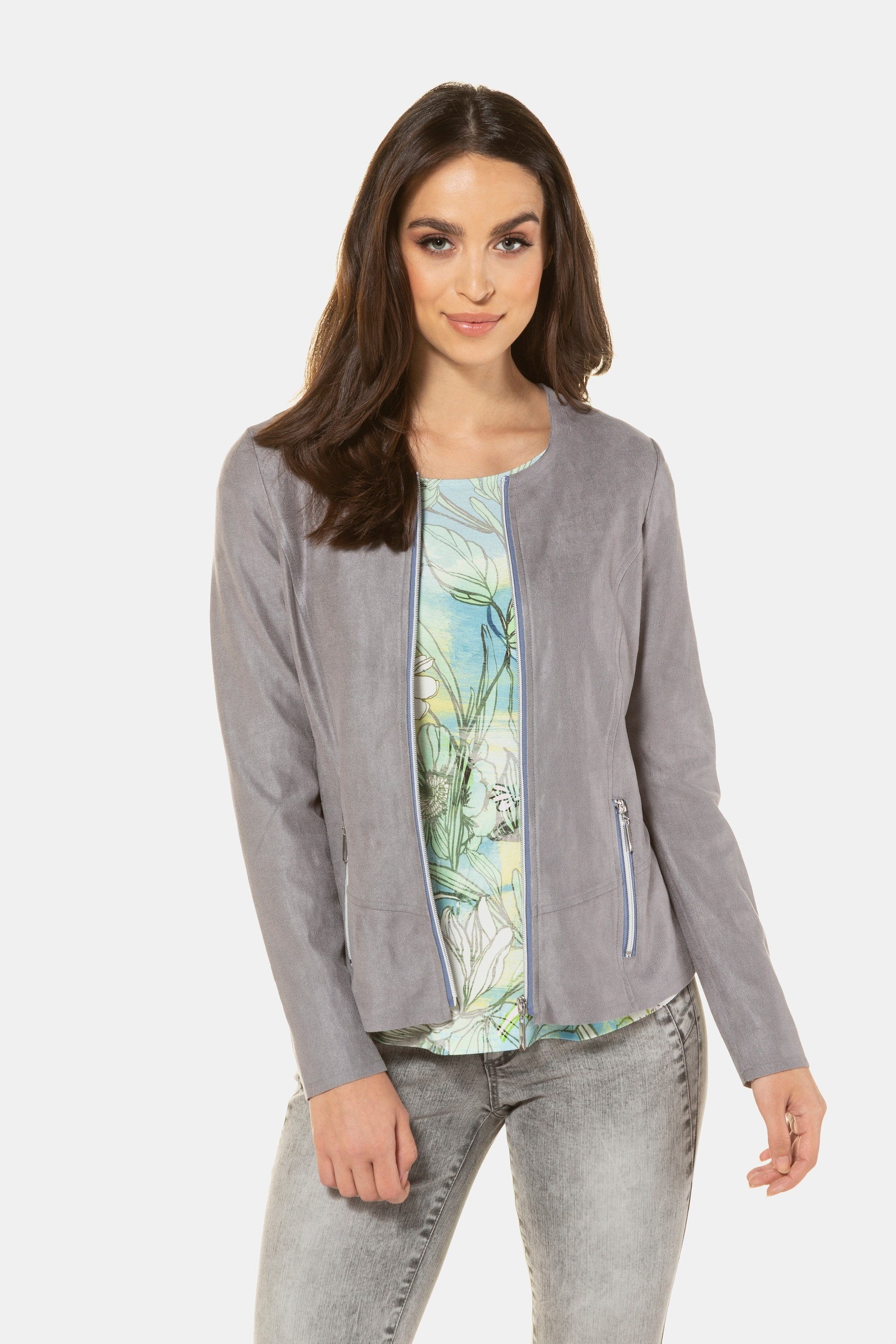 Gina Laura Jackenblazer Jacke Velours-Optik offene Kanten leicht tailliert