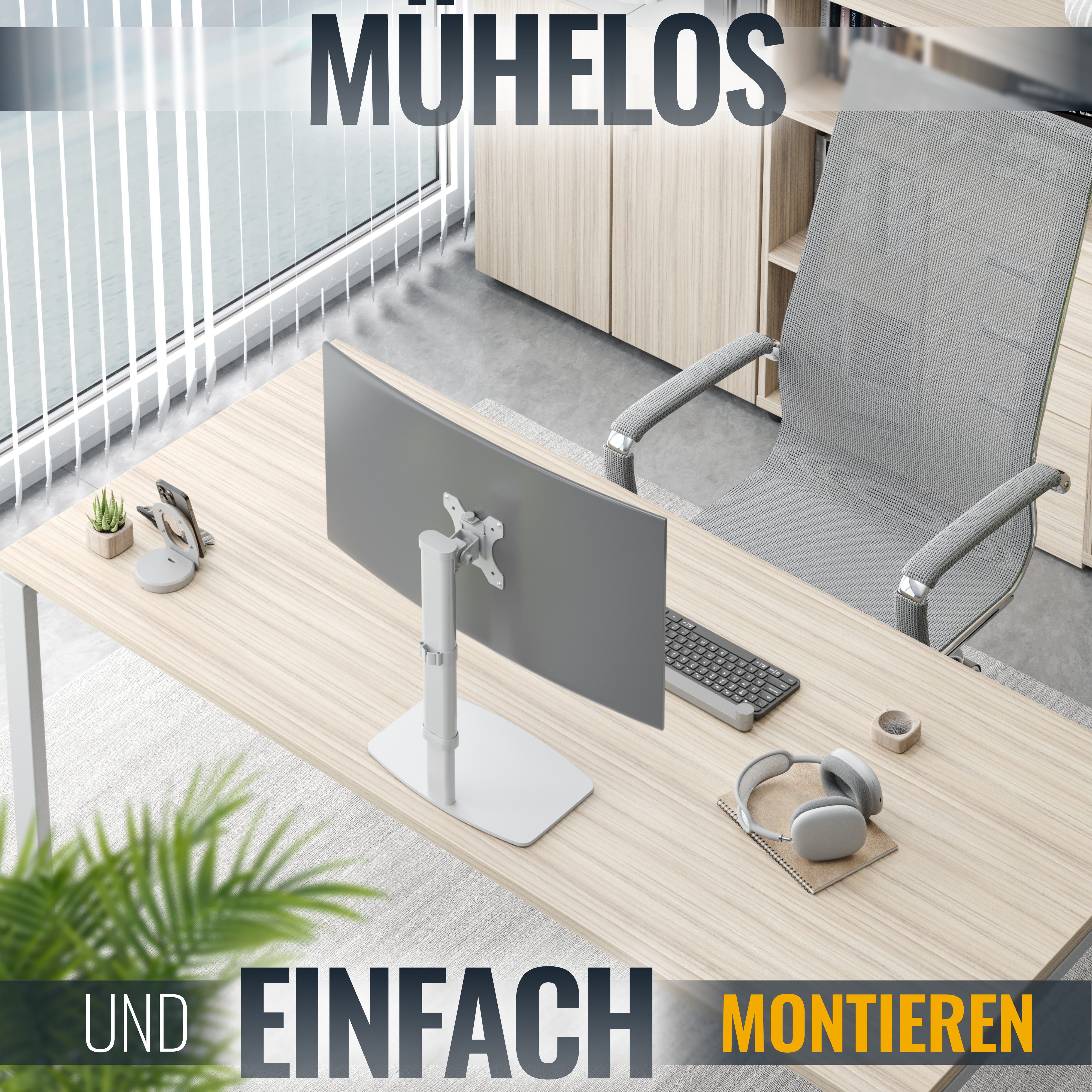 RICOO Monitor-Halterung Monitor Tischstand ausziehbar schwenkbar neigbar mit Pads TS6811, (bis 27 Zoll, VESA 75x75 und 100x100, 1-tlg., 6 kg Belastbarkeit, von 43-68 cm (17"-27) Bildschirm-Diagonale, neigbar +20°/-60°, schwenkbar bis zu 60°, vertikal verstellbar)