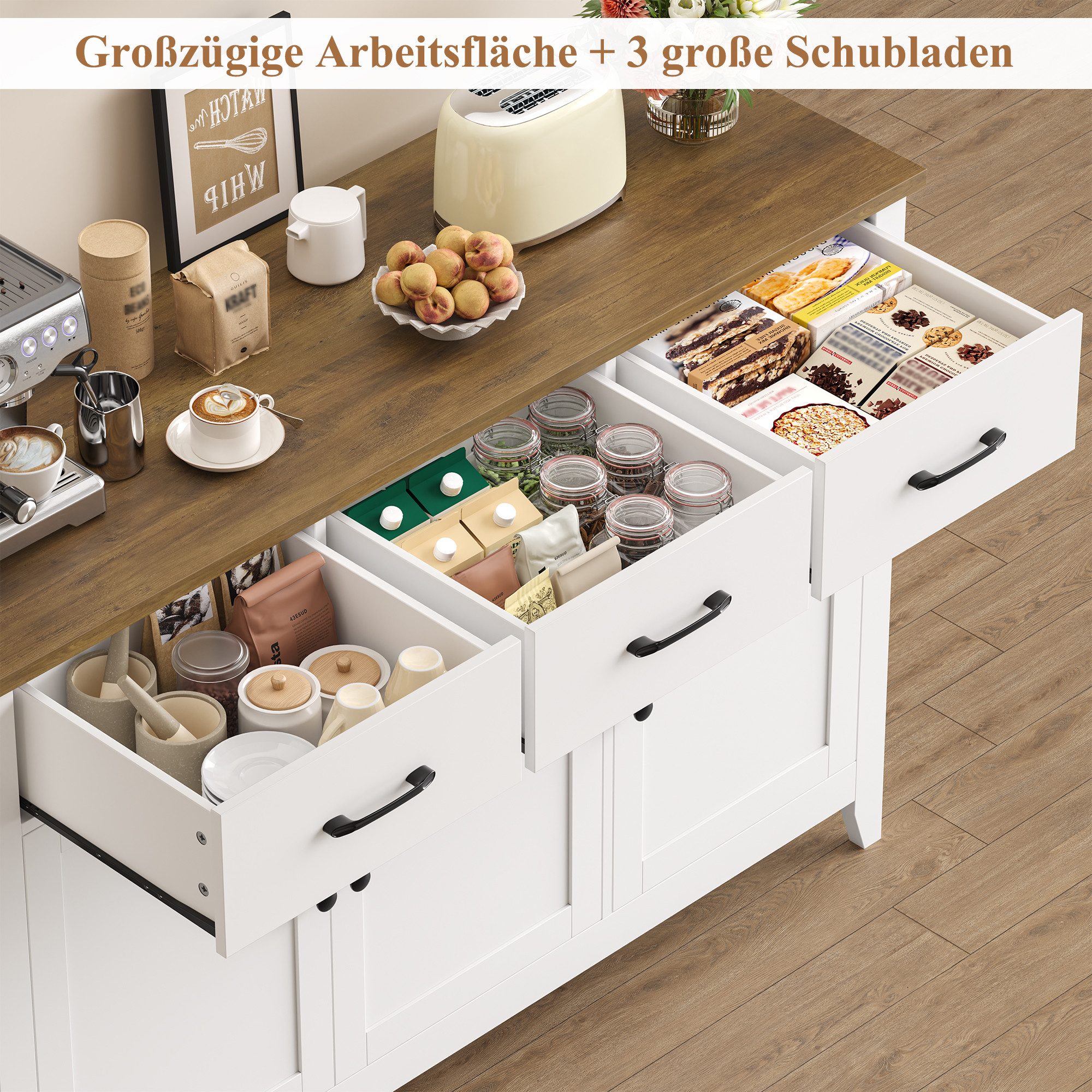 HOMECHO Sideboard, 120 cm Küchenschrank mit verstellbarem Regal, 3 Schubladen