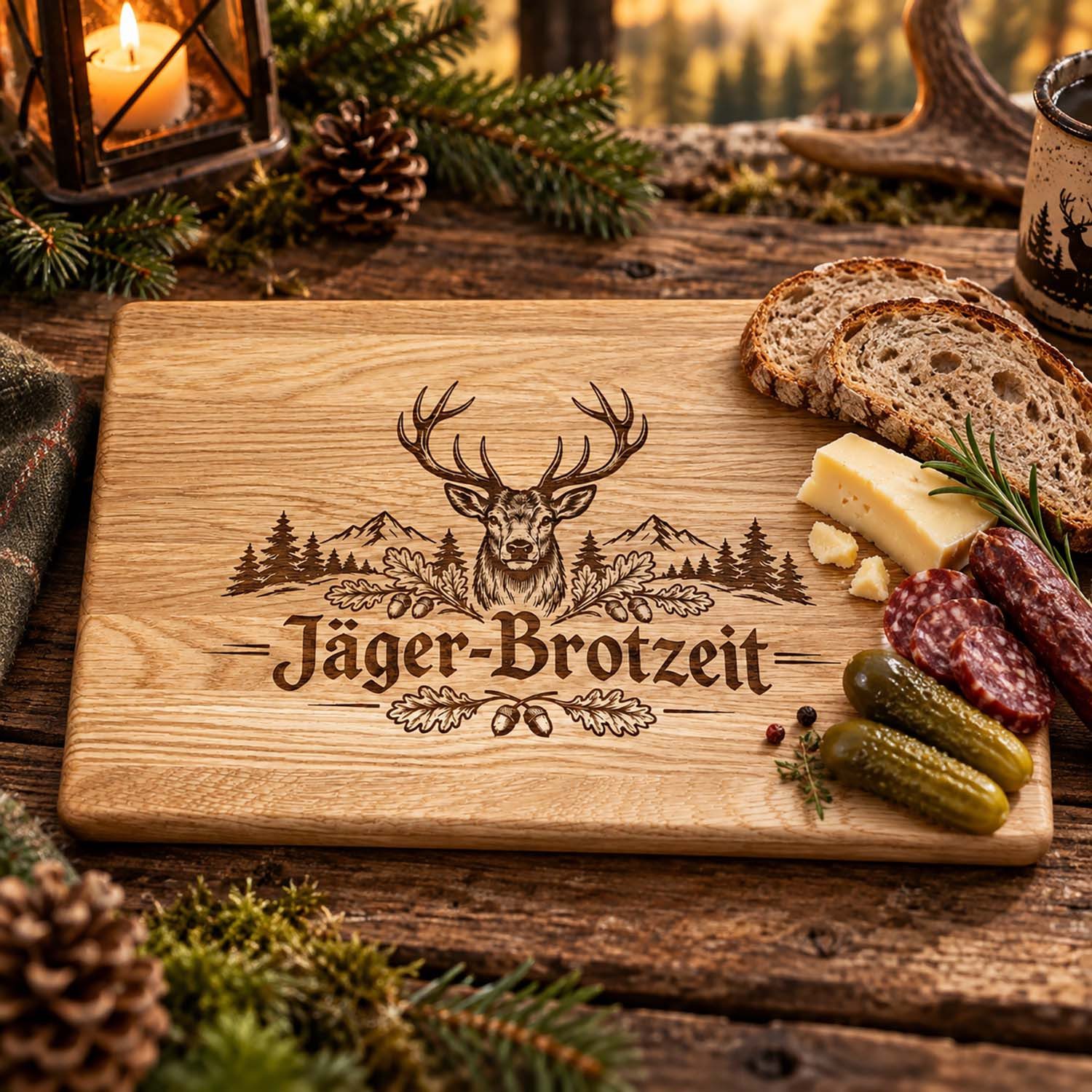 Camolo Frühstücksbrett Jäger-Brotzeit Brett aus Eiche mit Hirsch Gravur 30 x 20 cm – Bild 2 von 5