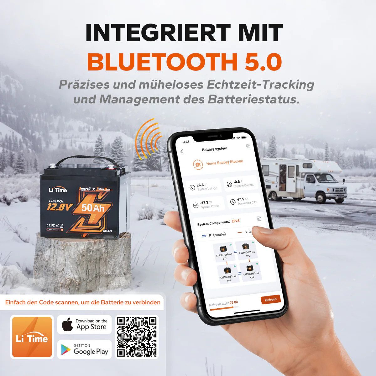 LiTime 12V 50Ah LiFePO4 Batterie mit Bluetooth und BMS 640Wh Solarakkus (12 V), Geeignet für Elektrische Trolling-Motoren, Boote, Marine