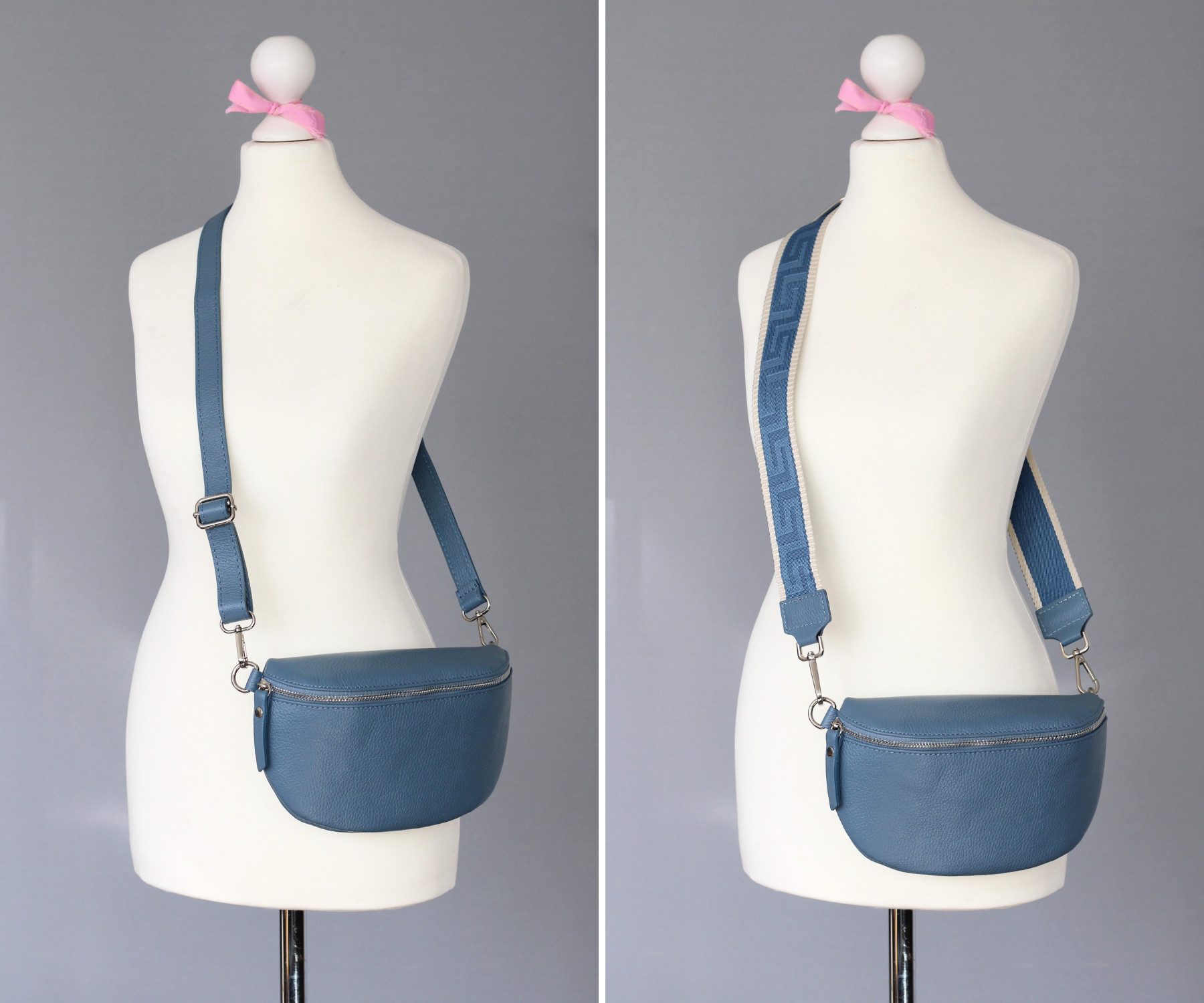Adel Bags Gürteltasche Bauchtasche Damen Leder, Umhängetasche, Echtes Leder, Jeansblau, hergestellt in Italien, mit 2 Riemen – Bild 4 von 5
