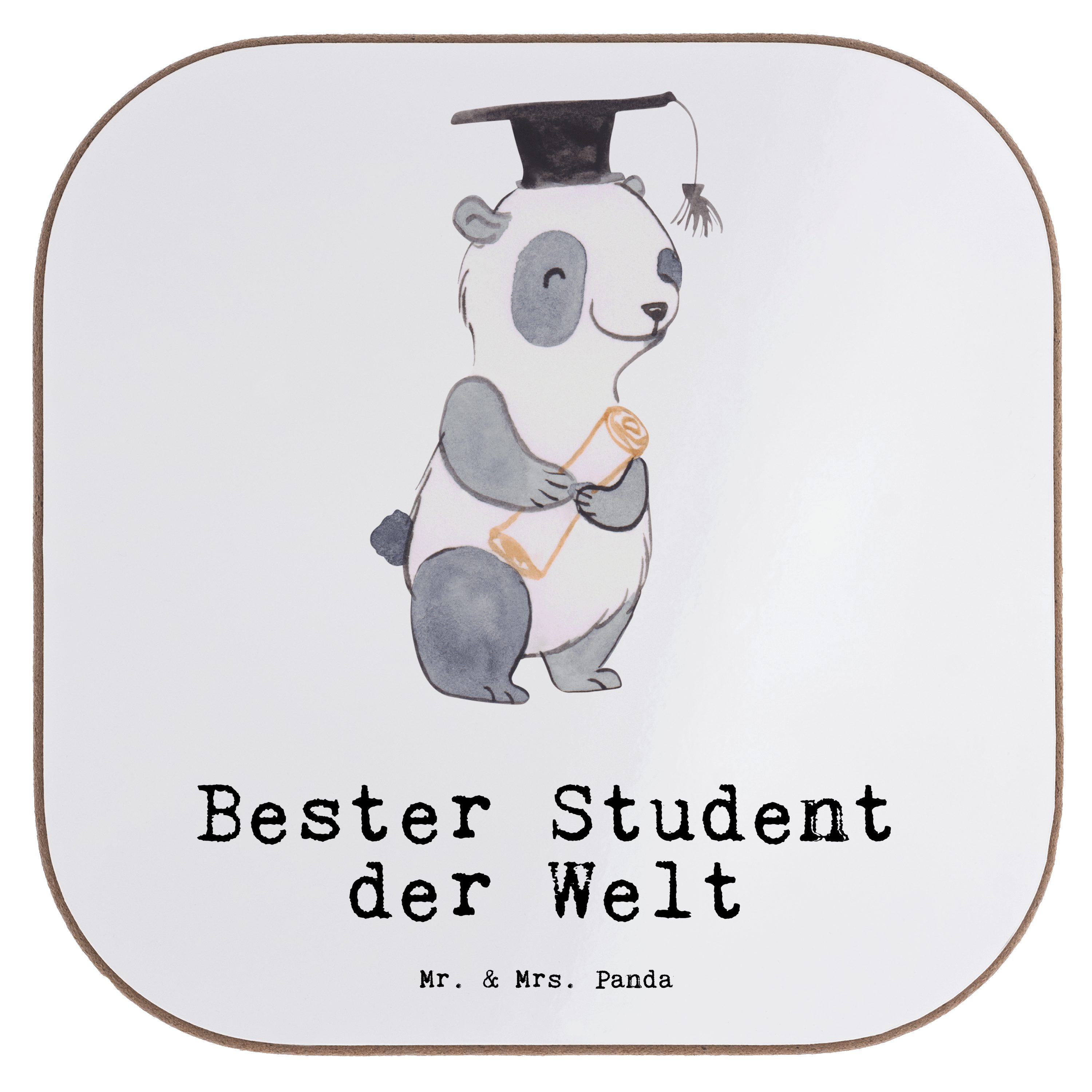 Mr. & Mrs. Panda Getränkeuntersetzer Panda Bester Student der Welt - Weiß - Geschenk, Untersetzer Gläser, 1-tlg.