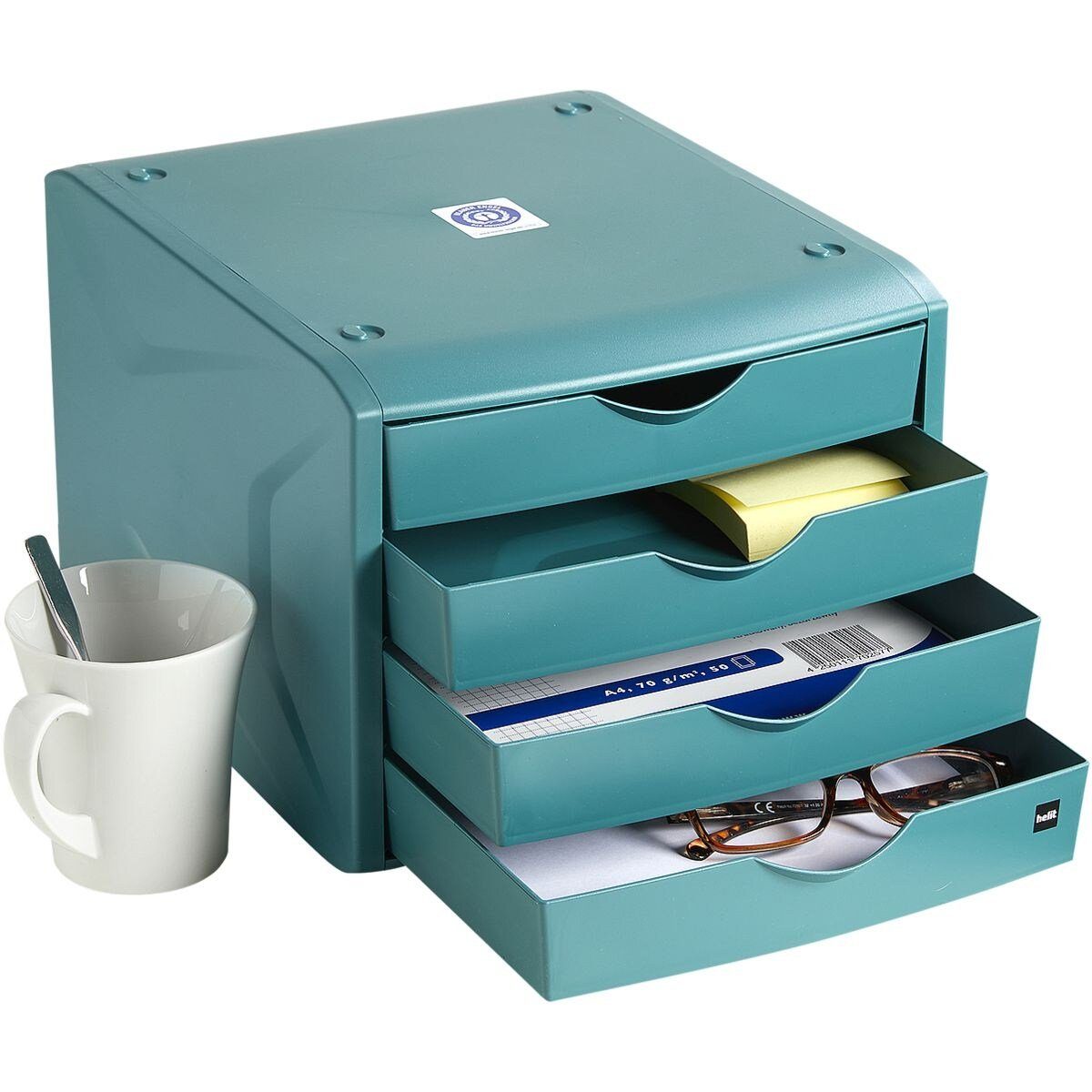 HELIT Schubladenbox the green chameleon, mit 4 Schubladen, geschlossen, stapelbar, Recycling-Kunststoff