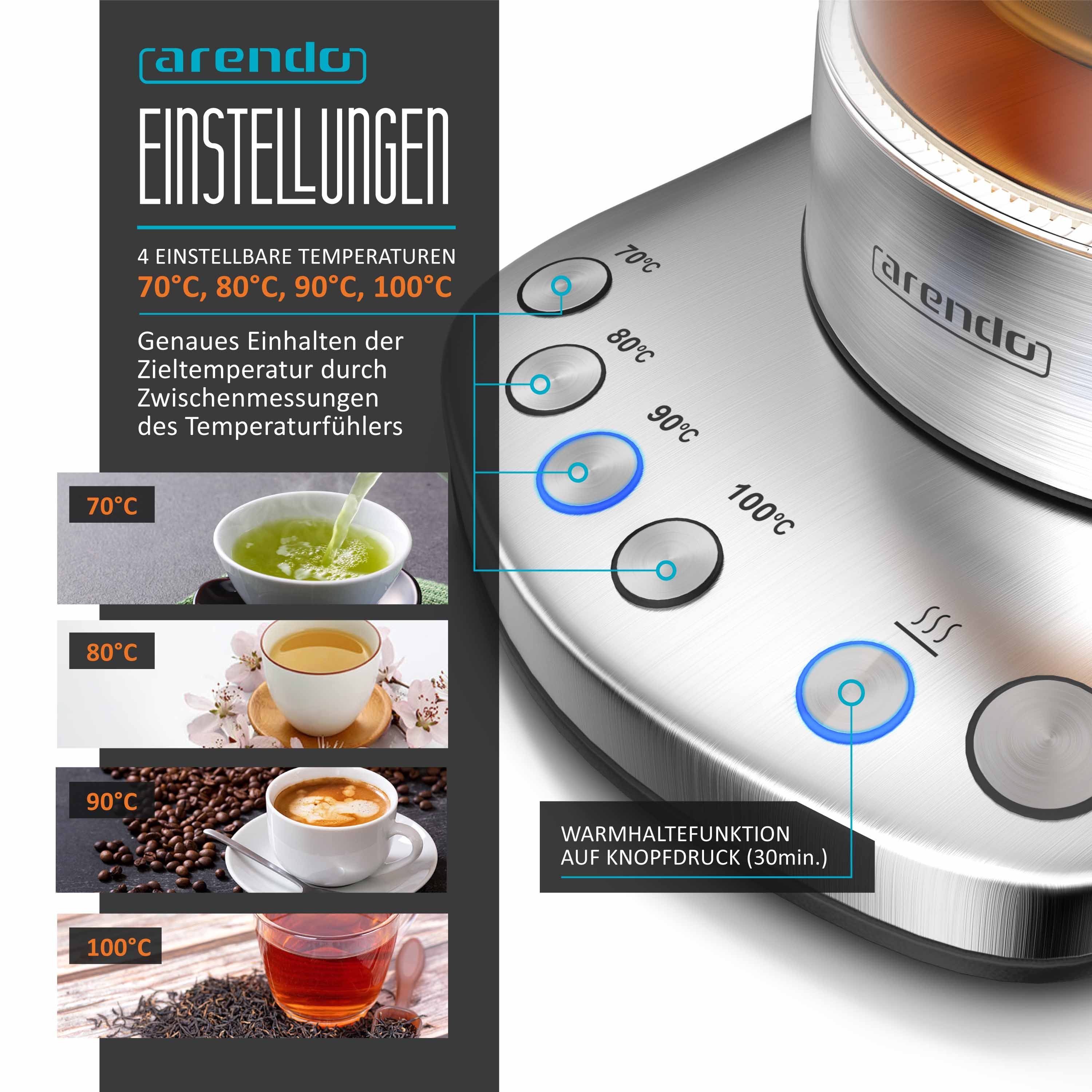 Arendo Wasserkocher Glas, Temperatureinstellung, Teesieb & Aufsatz, Türkischer Teekocher, 1,7 l, 2400 W, mit Teeaufsatz, Temperatureinstellung 70 - 100° C, Abschaltautomatik
