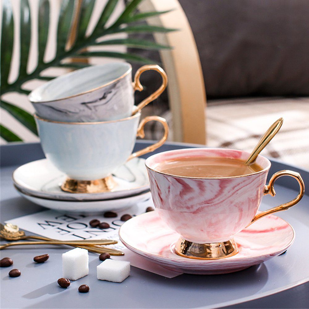 Teetasse Kaffeeservice Set Keramik-Kaffeebecher-Geschenkset, Ceramic rosa Untertassen mit Teetasse Elegantes (1-tlg), Löffel, Set und Dekorative