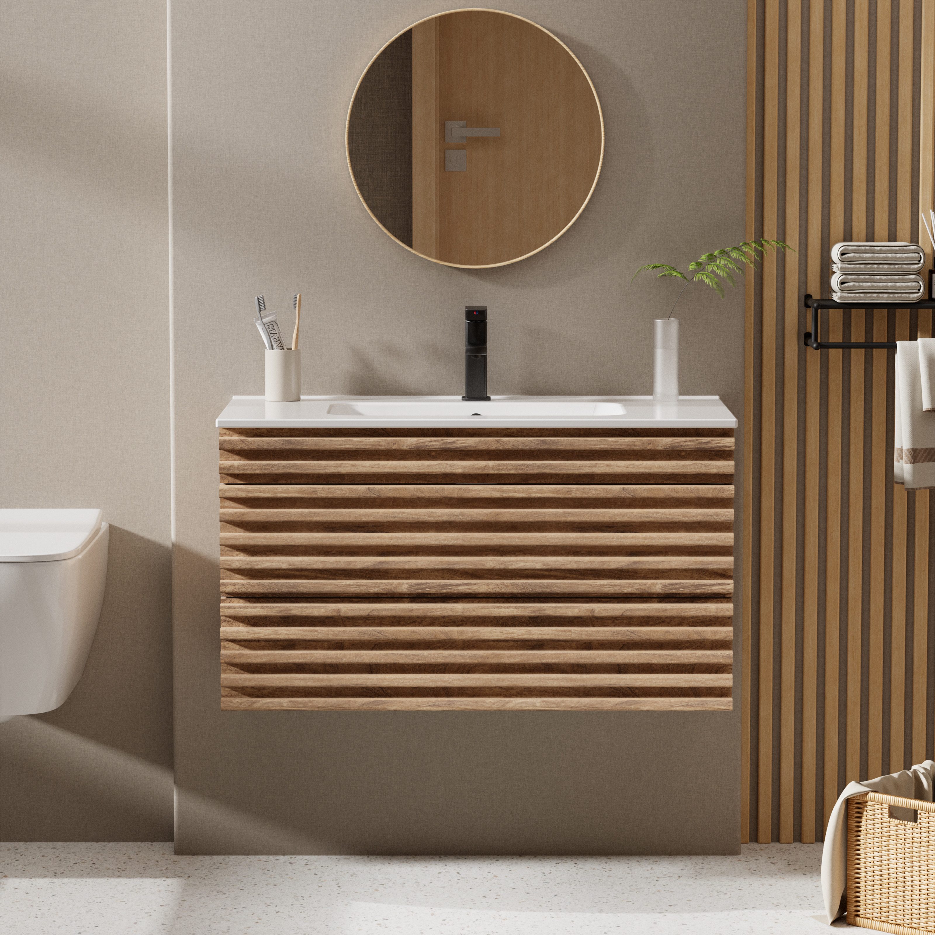 UEV Waschtisch mit Unterschrank, natur, 60cm/75cm/90cm hängend, Badezimmerschrank (Waschtischunterschrank, Badmöbel für Gäste WC, Natur, mit Wasserhahn und Pop-up-Ablassventil), Soft-Close-System, Unterschranke fürs Bad,Waschplatz