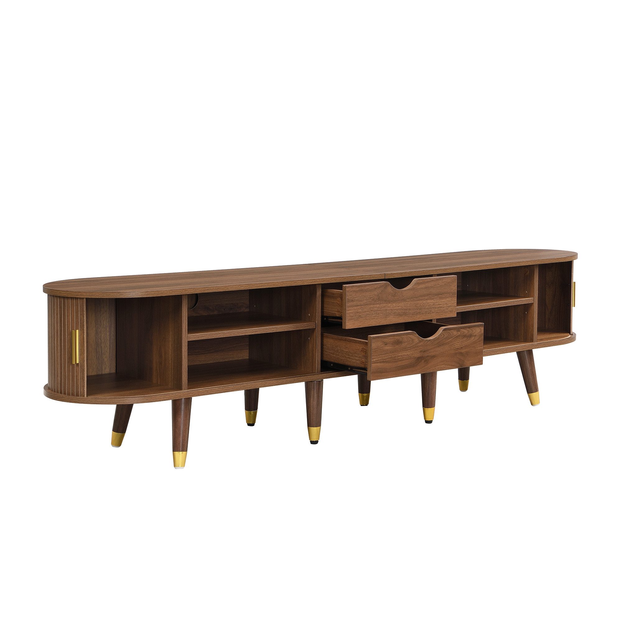 Yorbay TV-Schrank TV-Schrank 175 cm mit Rattan-Schiebetür, Walnussoptik & viel Stauraum Landhausstil Fernsehtisch mit offenen Fächern, Schubladen & Schrank