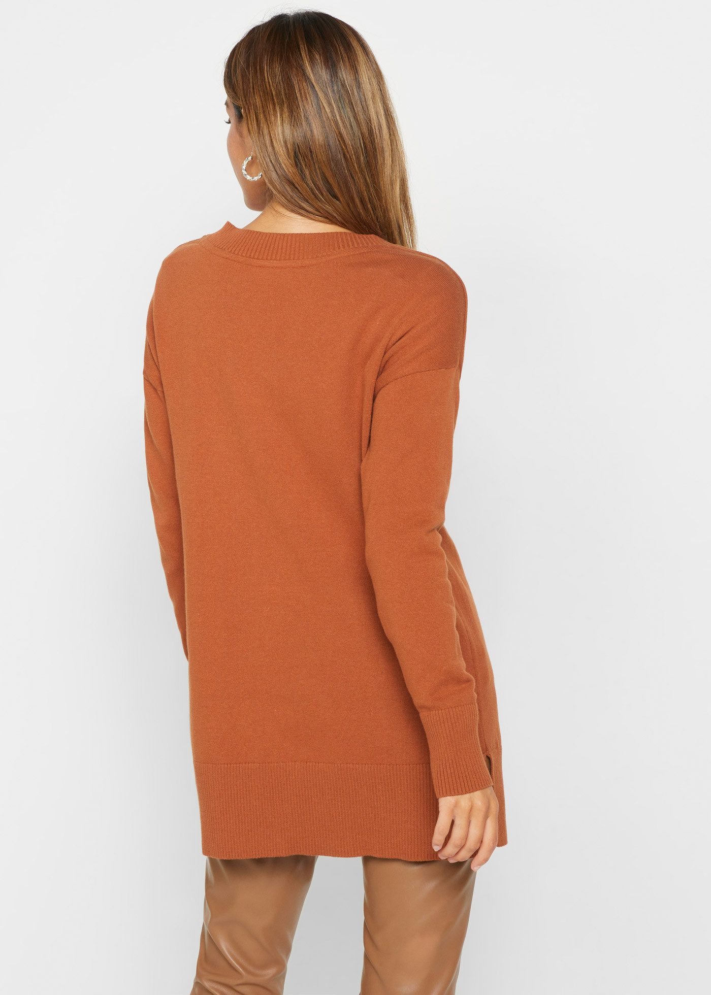 bonprix Longpullover Feinstrick-Baumwollmischung, mit V-Ausschnitt, mit Seitenschlitzen