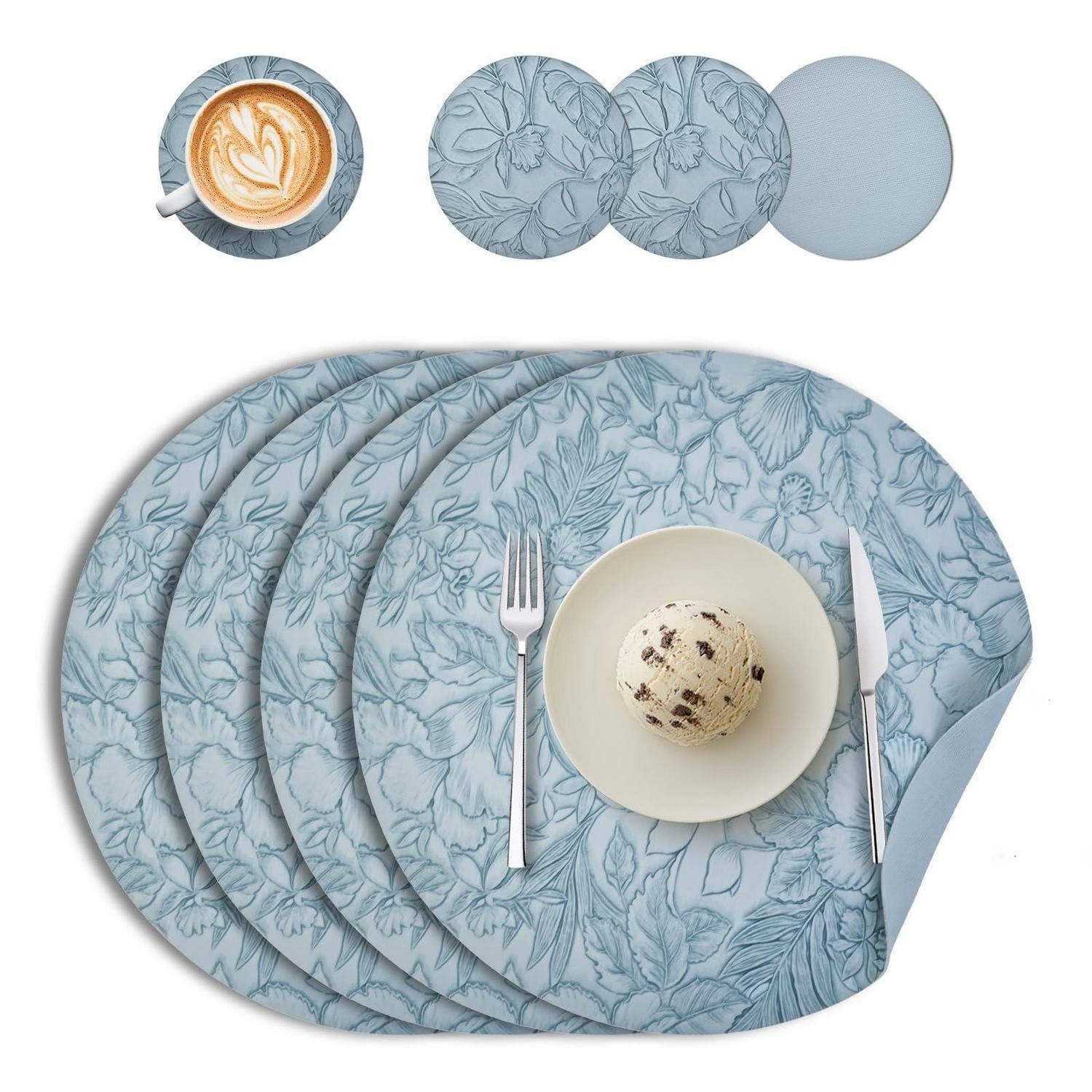 LuxusKollektion Platzset Tischsets rund 4er Set Hellblau Lederoptik, (4-St)