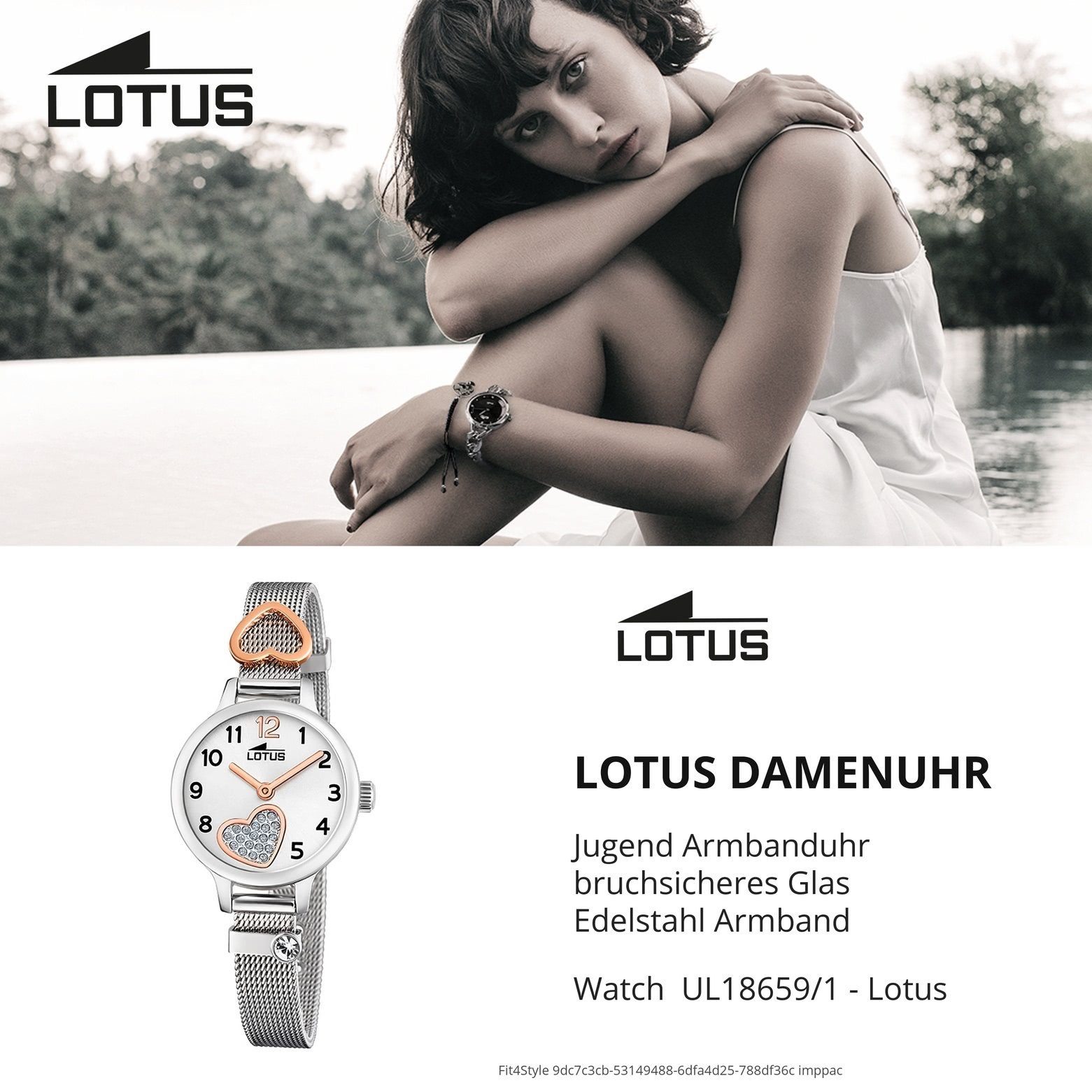 Lotus Quarzuhr LOTUS Jugend Uhr Elegant 18659/1, (Analoguhr), Jugend Armbanduhr rund, Edelstahlarmband silber