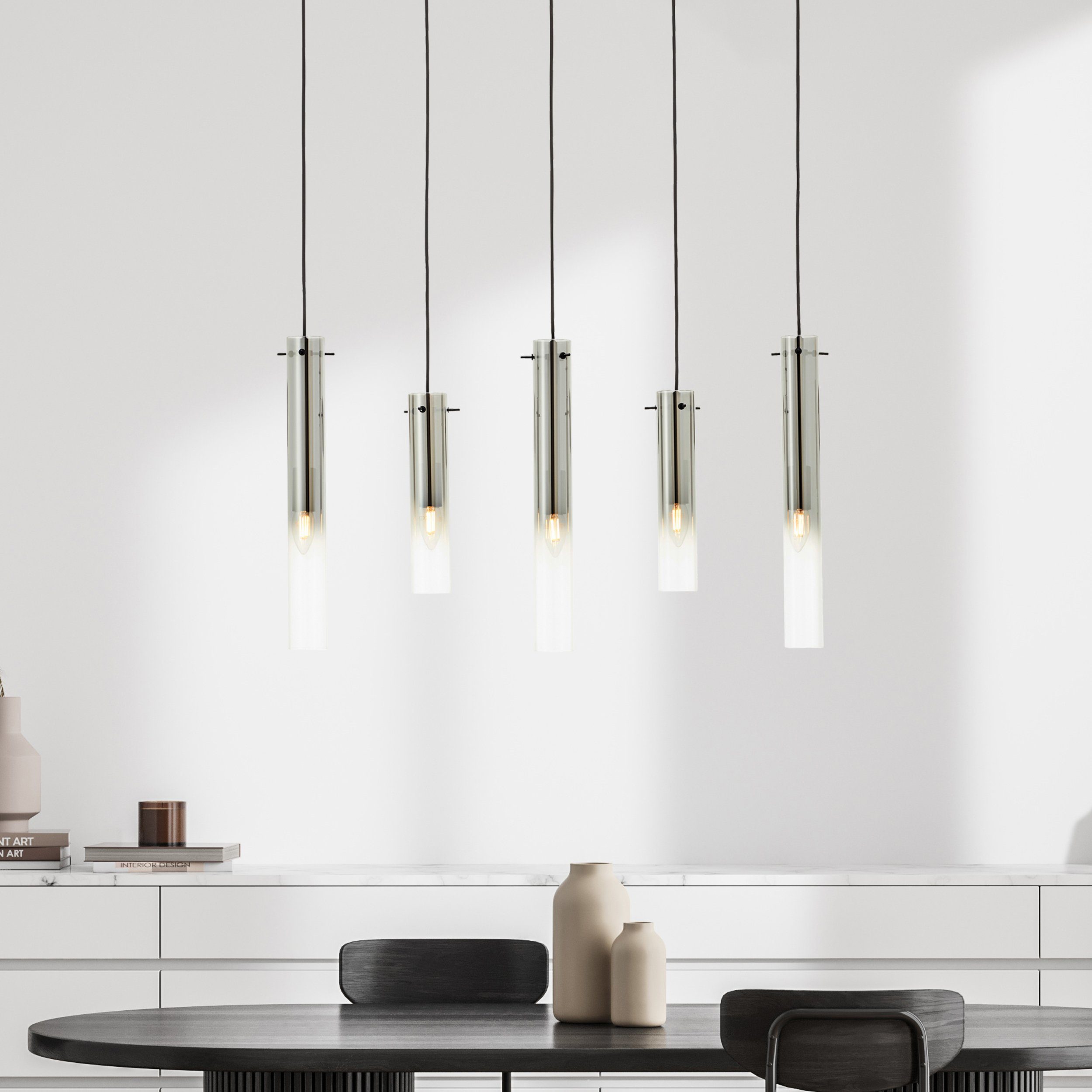Brilliant Pendelleuchte Glasini, ohne Leuchtmittel, mit Rauchglas, 199 cm Höhe, 95 cm Breite, 5 x E14, schwarz