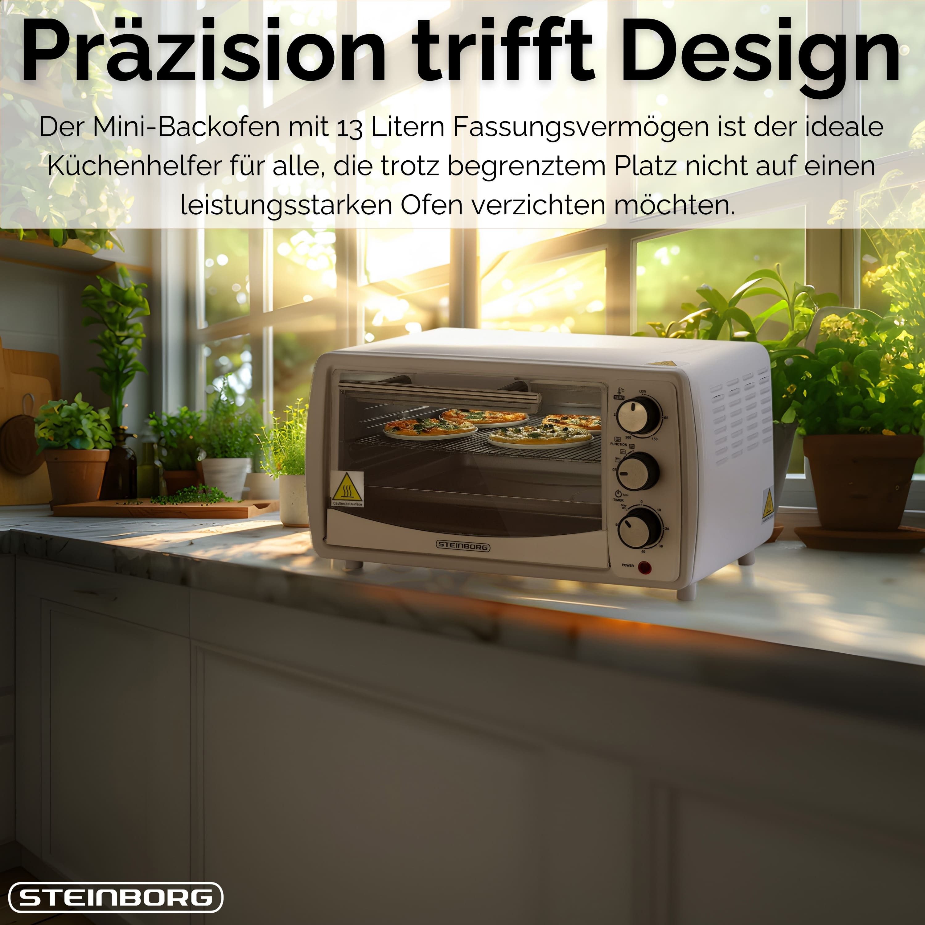STEINBORG Minibackofen SB-3005w, 13 Liter, Großes Sichtfenster, Hitzebeständiges Gehäuse, 1200 Watt