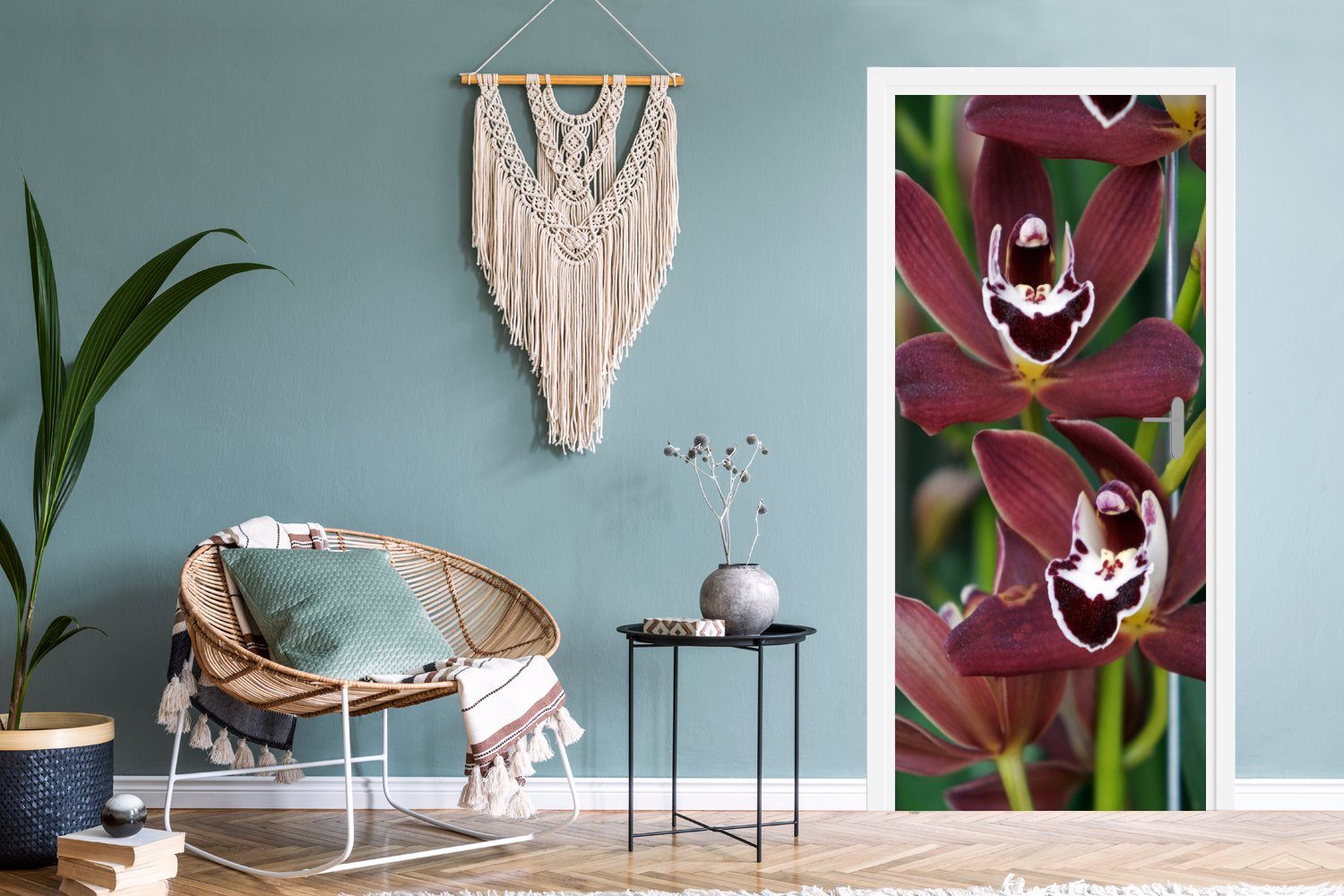MuchoWow Türtapete Rote Orchideen für Hintergrund, für Türaufkleber, bedruckt, St), Tür, (1 75x205 einen grünen Fototapete cm Matt