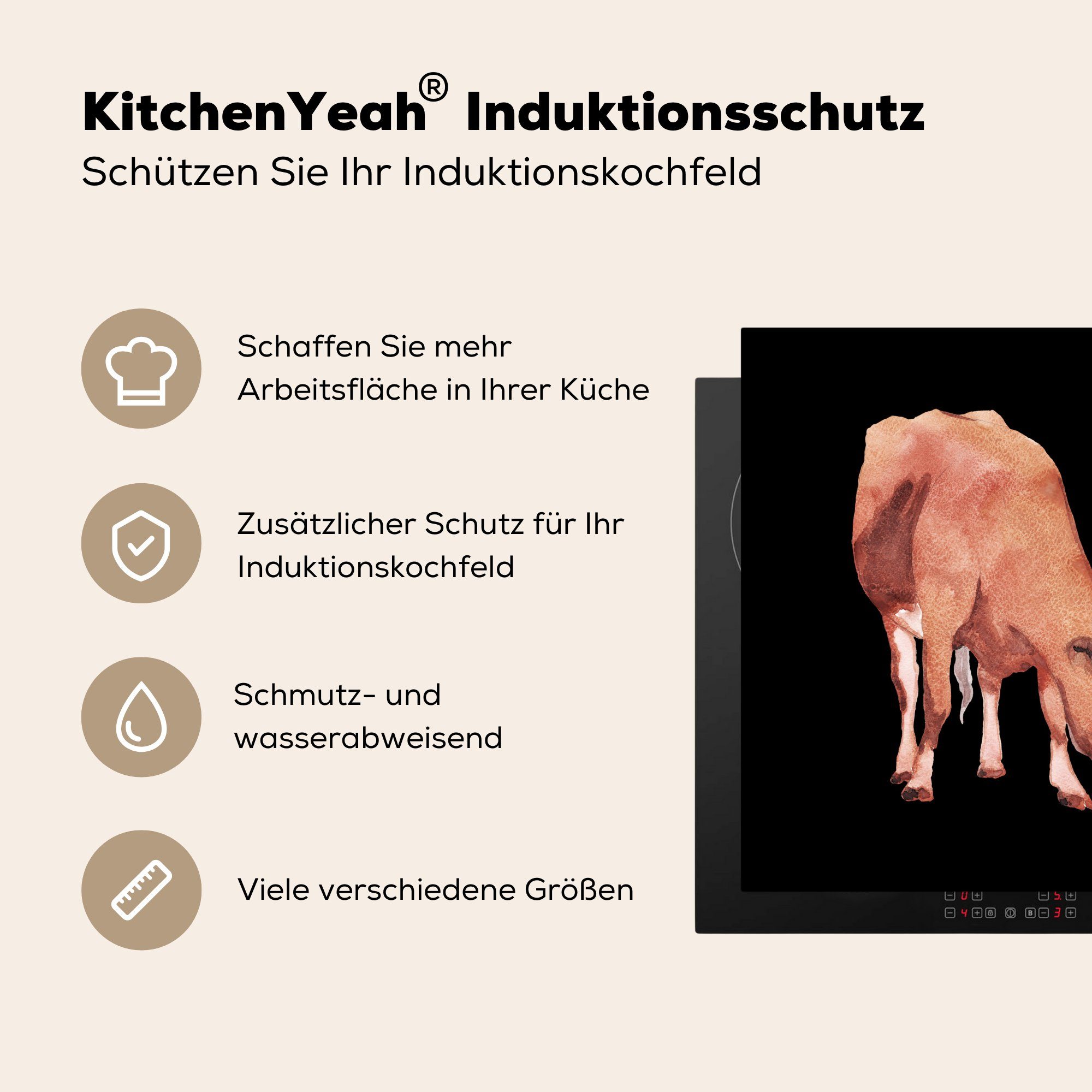 Arbeitsplatte Vinyl, Ceranfeldabdeckung, MuchoWow 78x78 cm, küche - Herdblende-/Abdeckplatte Braun, - (1 tlg), Kuh Tier für