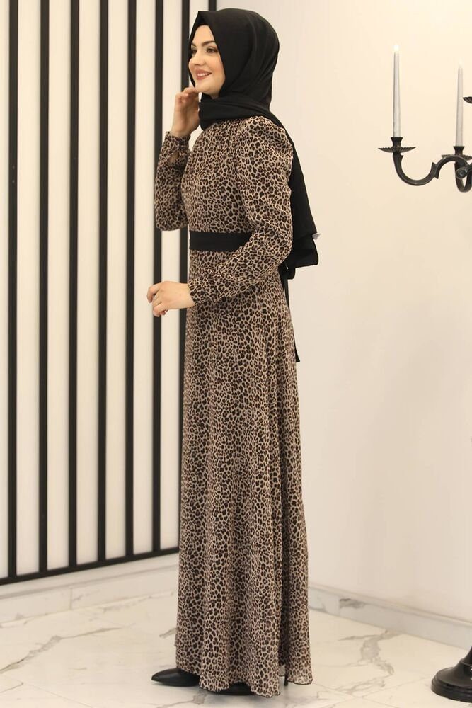 Modavitrini Chiffonkleid Damen Leoparden Kleid Modest Mode abnehmbaren Sommerkleid Chiffon Kleid Gürtel) (mit Hijab Fashion