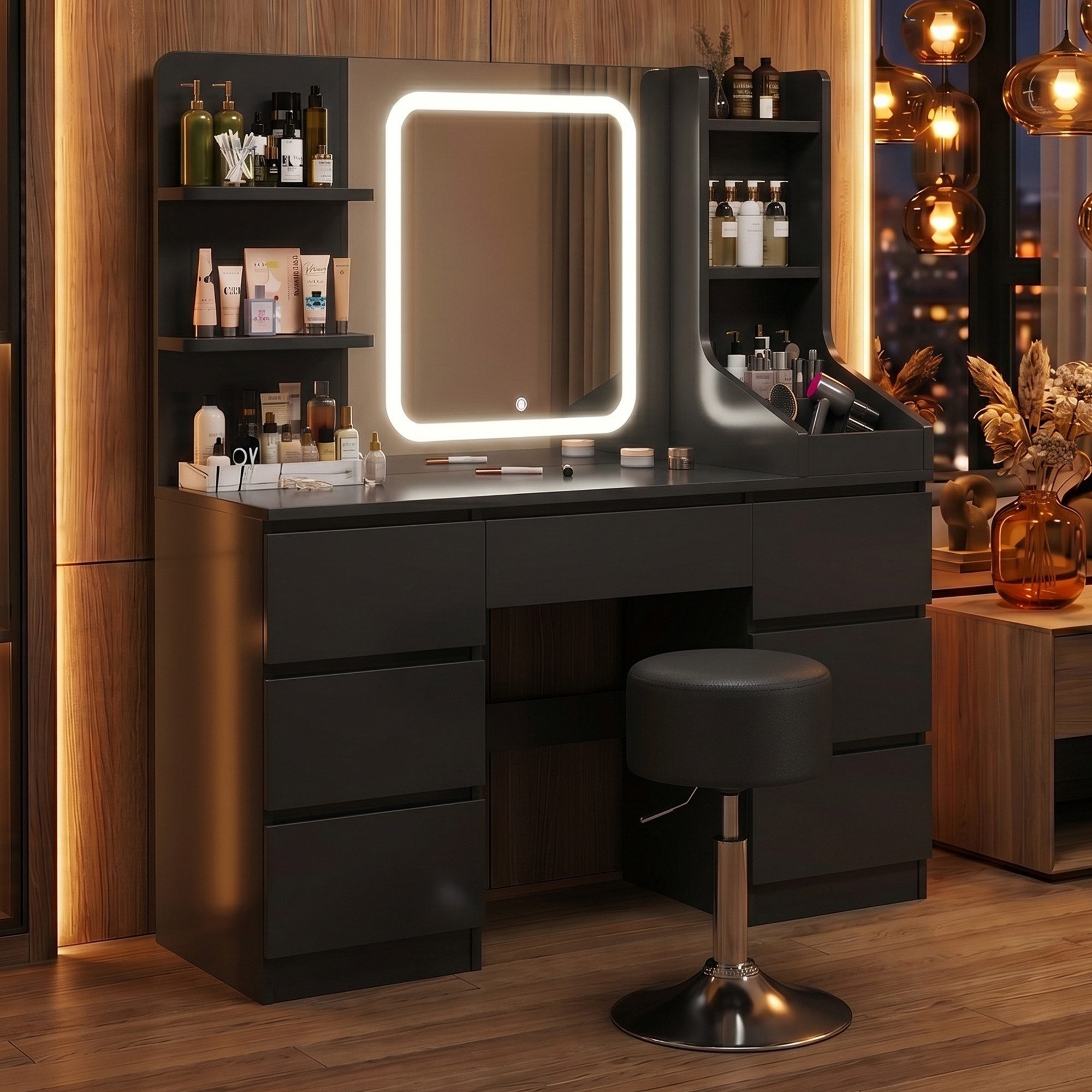 HOMALL Schminktisch Set aus Schminktisch und Hocker, mit LED-Beleuchtung (Maße: 110 x 40 x 139 cm, dimmbare Beleuchtung, inklusive Hocker und Schminktisch, mit 7 Schubladen und 8 offenen Fächern)